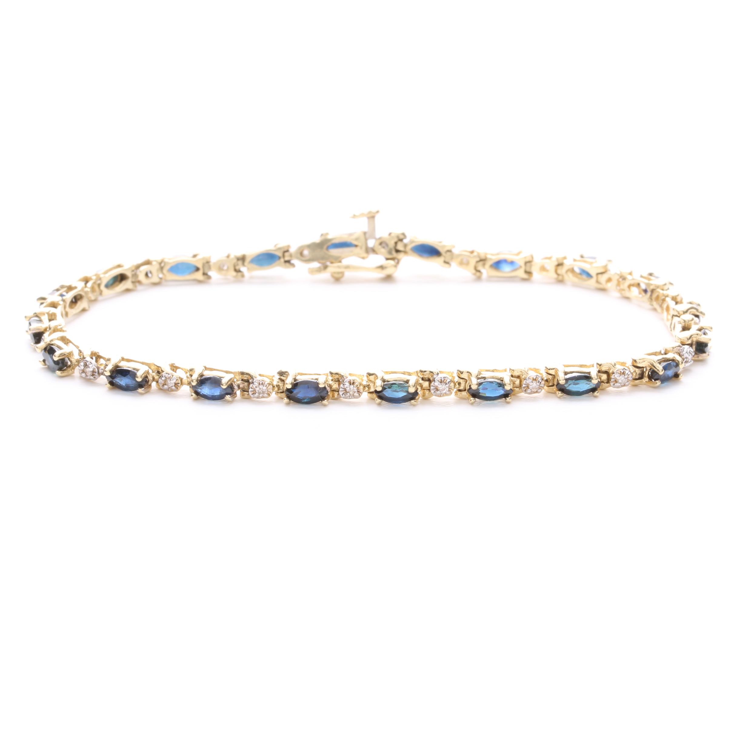 14K Yellow Gold Blue Sapphire and Diamond Tennis Bracelet