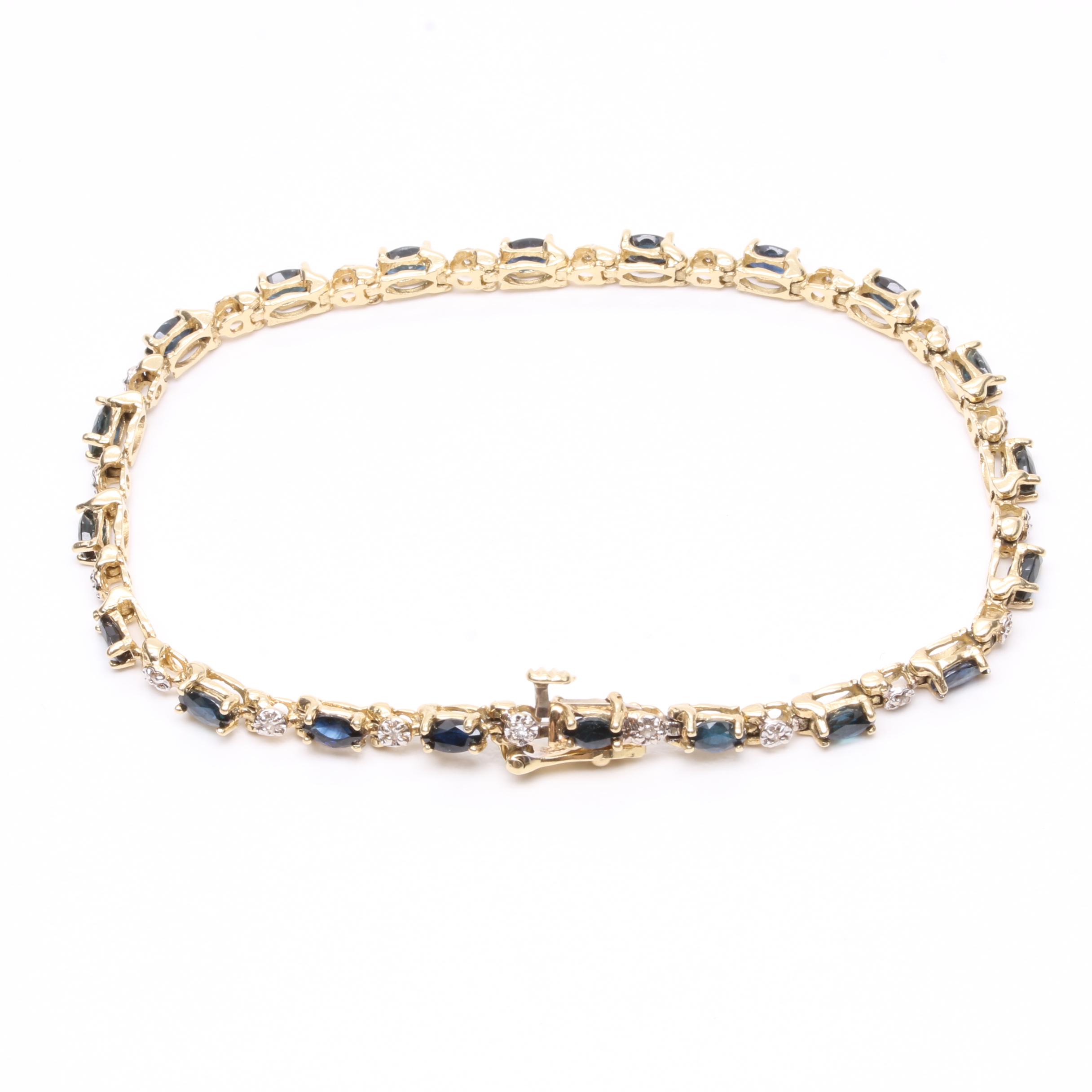 14K Yellow Gold Blue Sapphire and Diamond Tennis Bracelet
