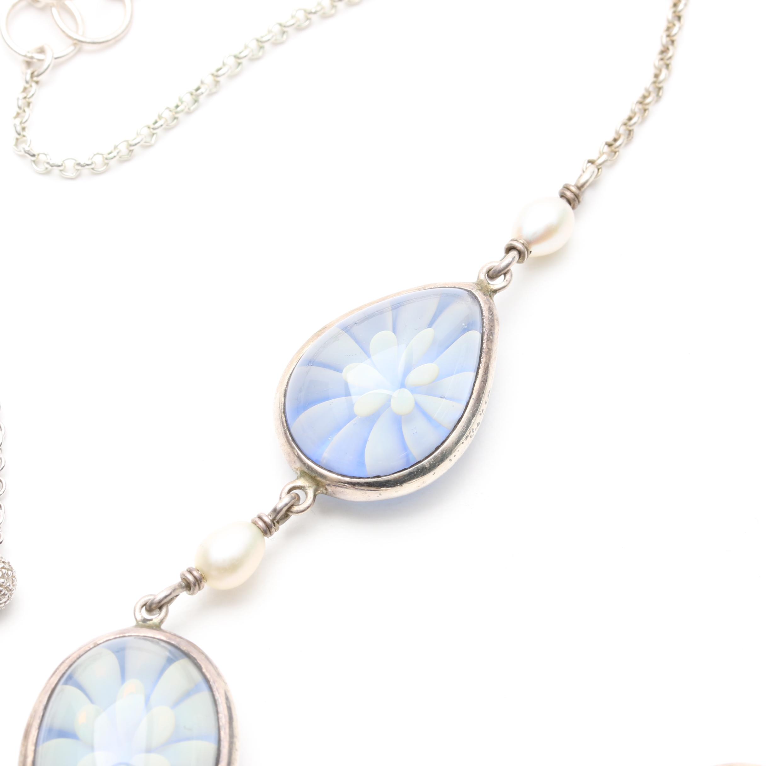 Sterling Silver Necklaces Including Cultured Pearl and Glass