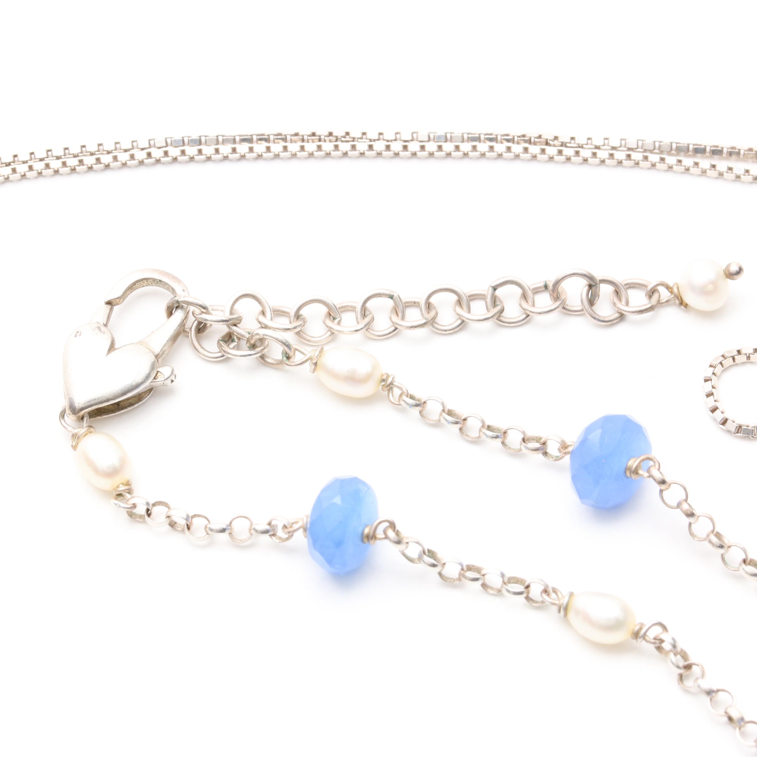 Sterling Silver Necklaces Including Cultured Pearl and Glass