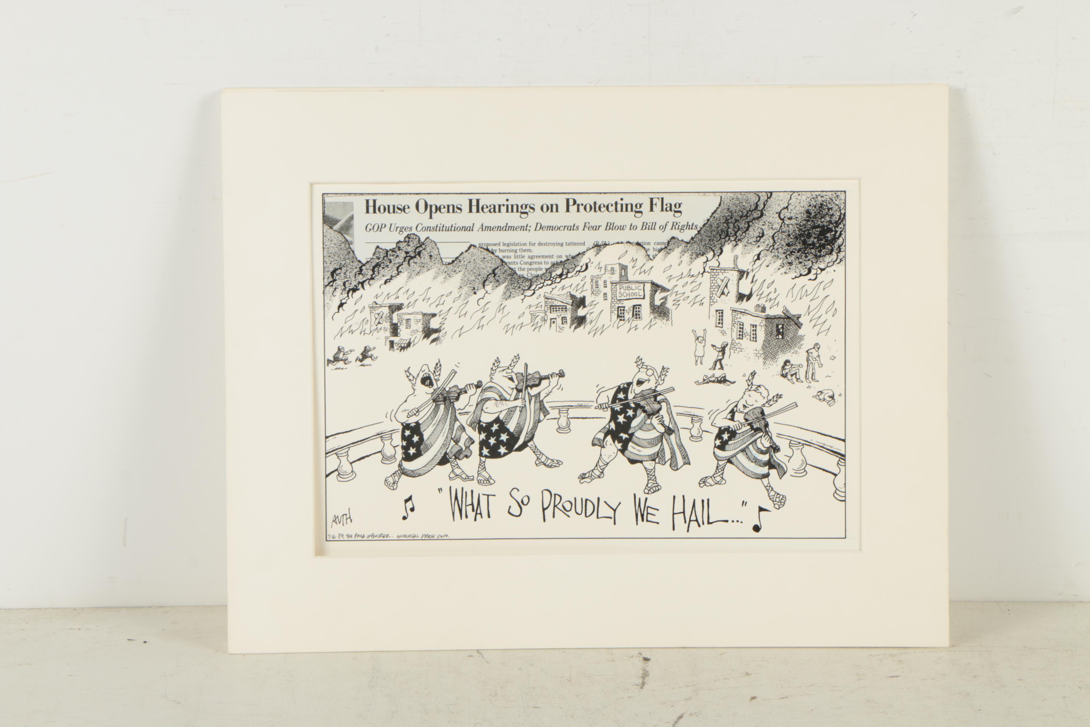 Vintage Original Ink Drawings Of Political Cartoons Including Brian Basset