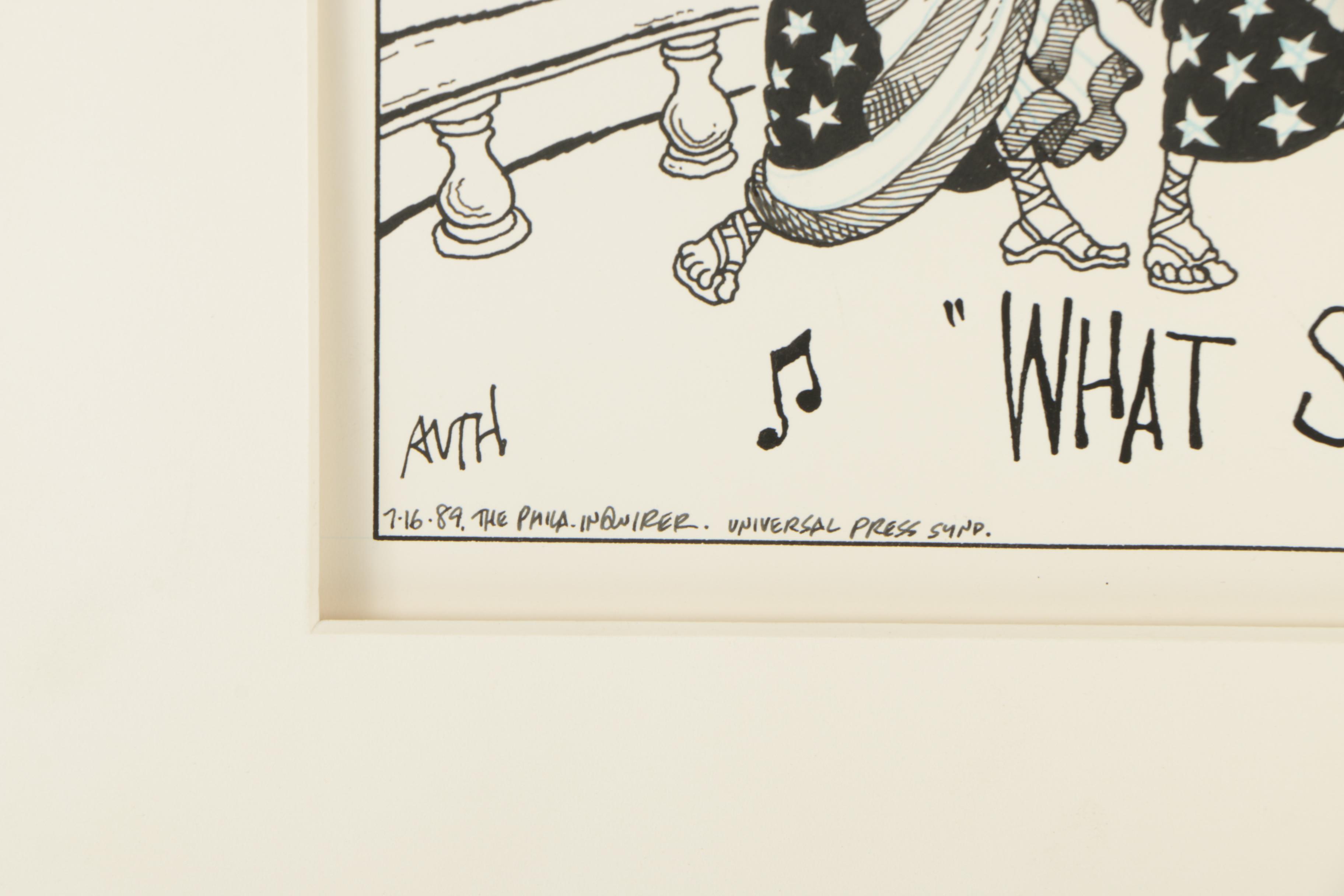 Vintage Original Ink Drawings Of Political Cartoons Including Brian Basset