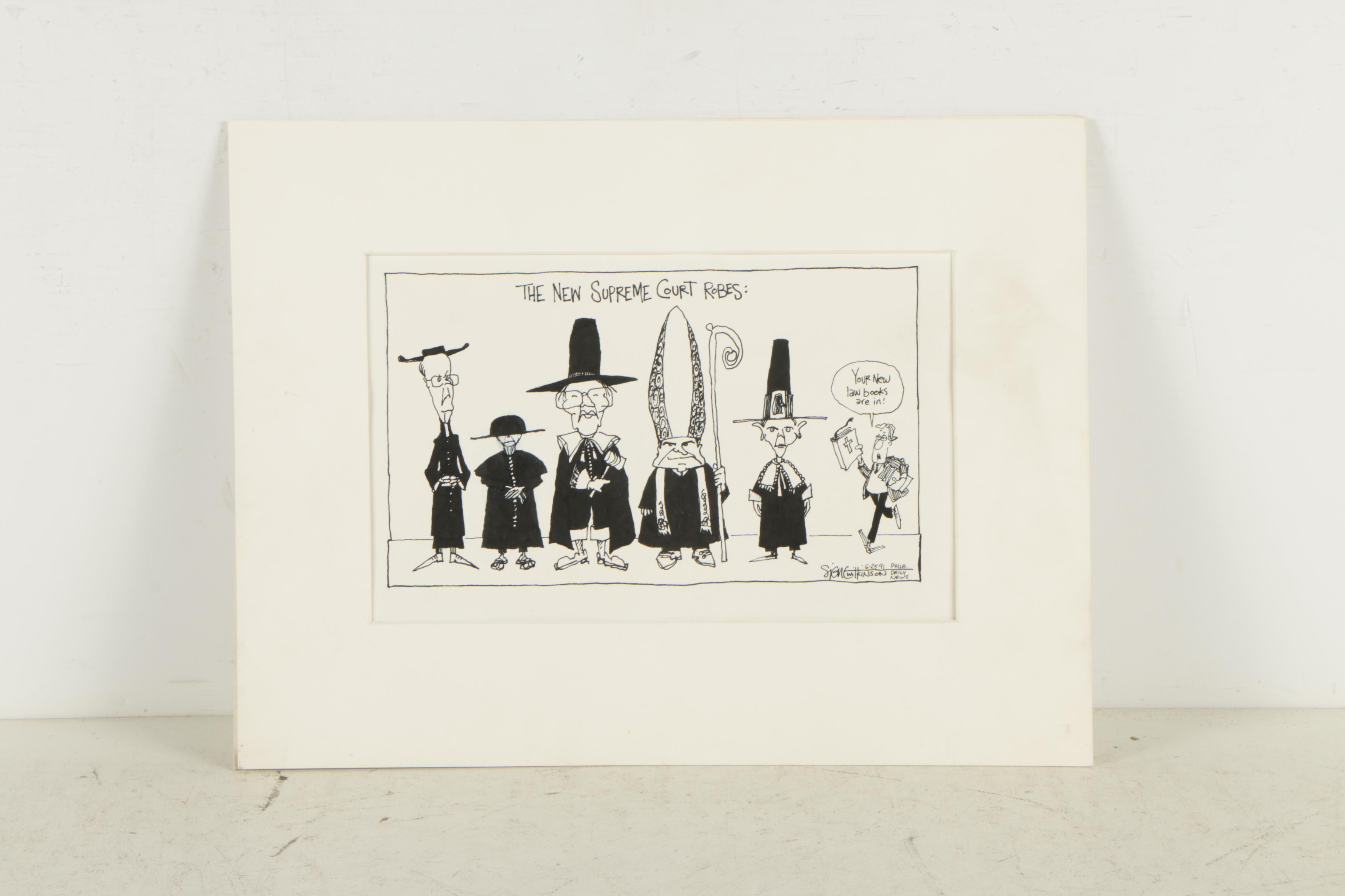 Vintage Original Ink Drawings Of Political Cartoons Including Brian Basset