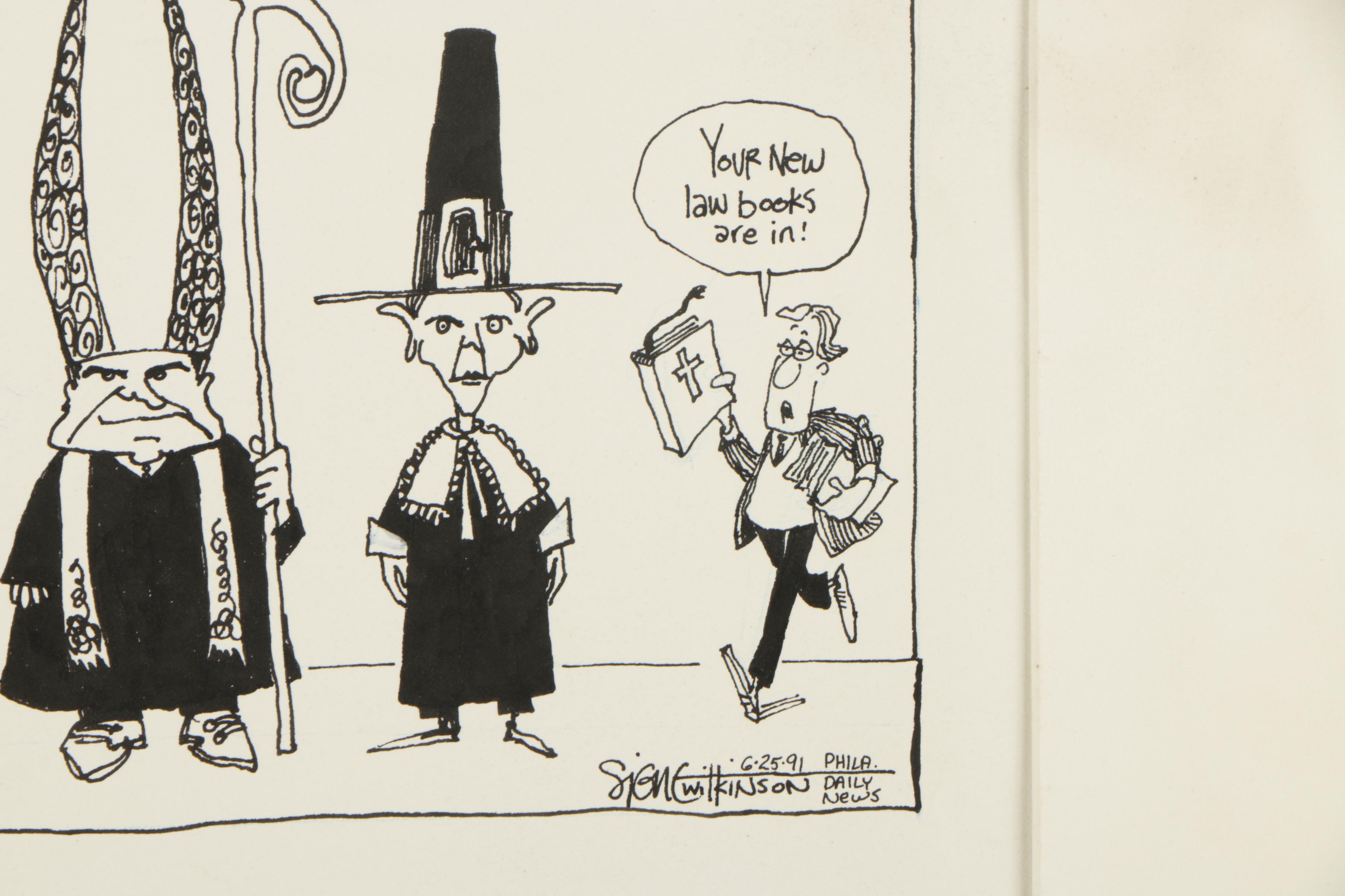 Vintage Original Ink Drawings Of Political Cartoons Including Brian Basset