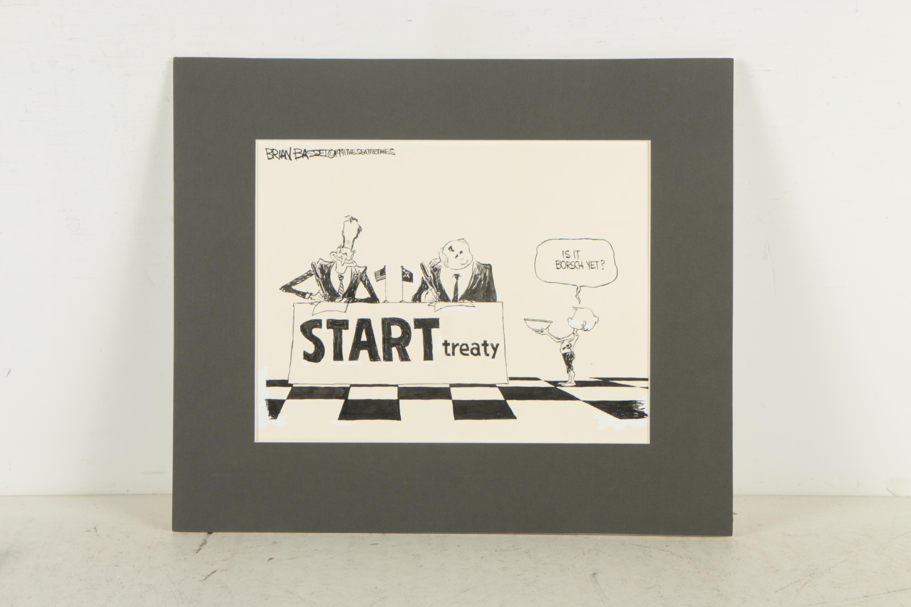 Vintage Original Ink Drawings Of Political Cartoons Including Brian Basset