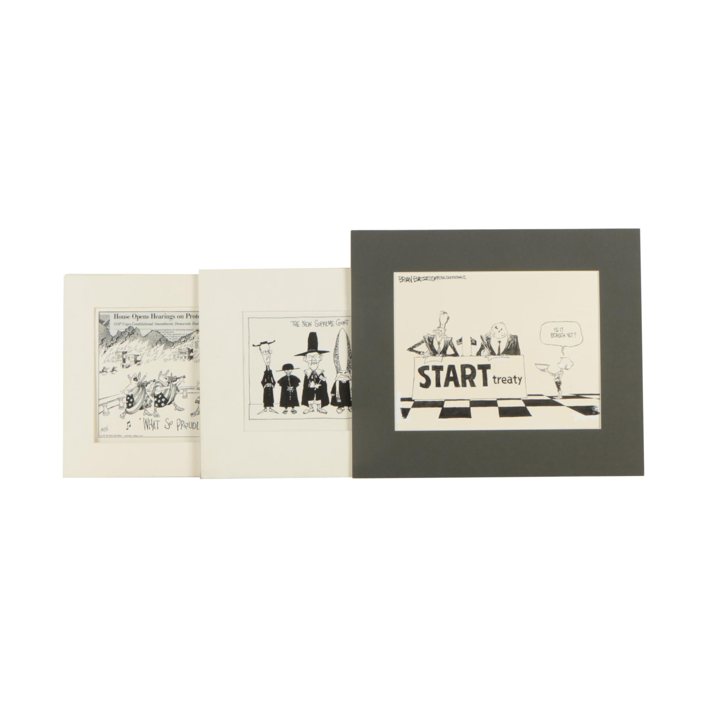 Vintage Original Ink Drawings Of Political Cartoons Including Brian Basset