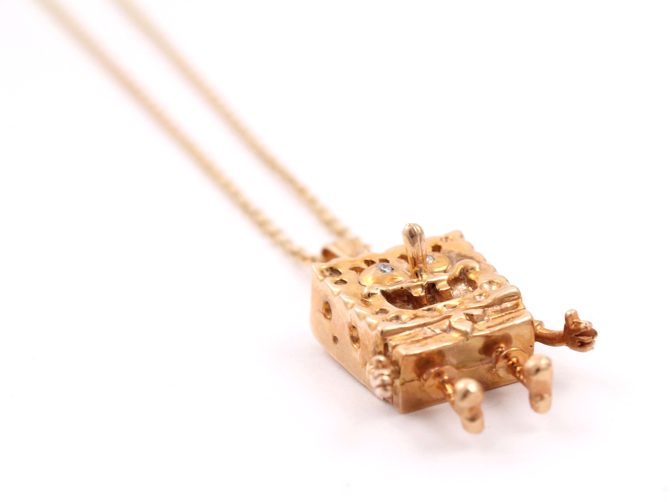 14K Yellow Gold Diamond Spongebob Pendant Necklace