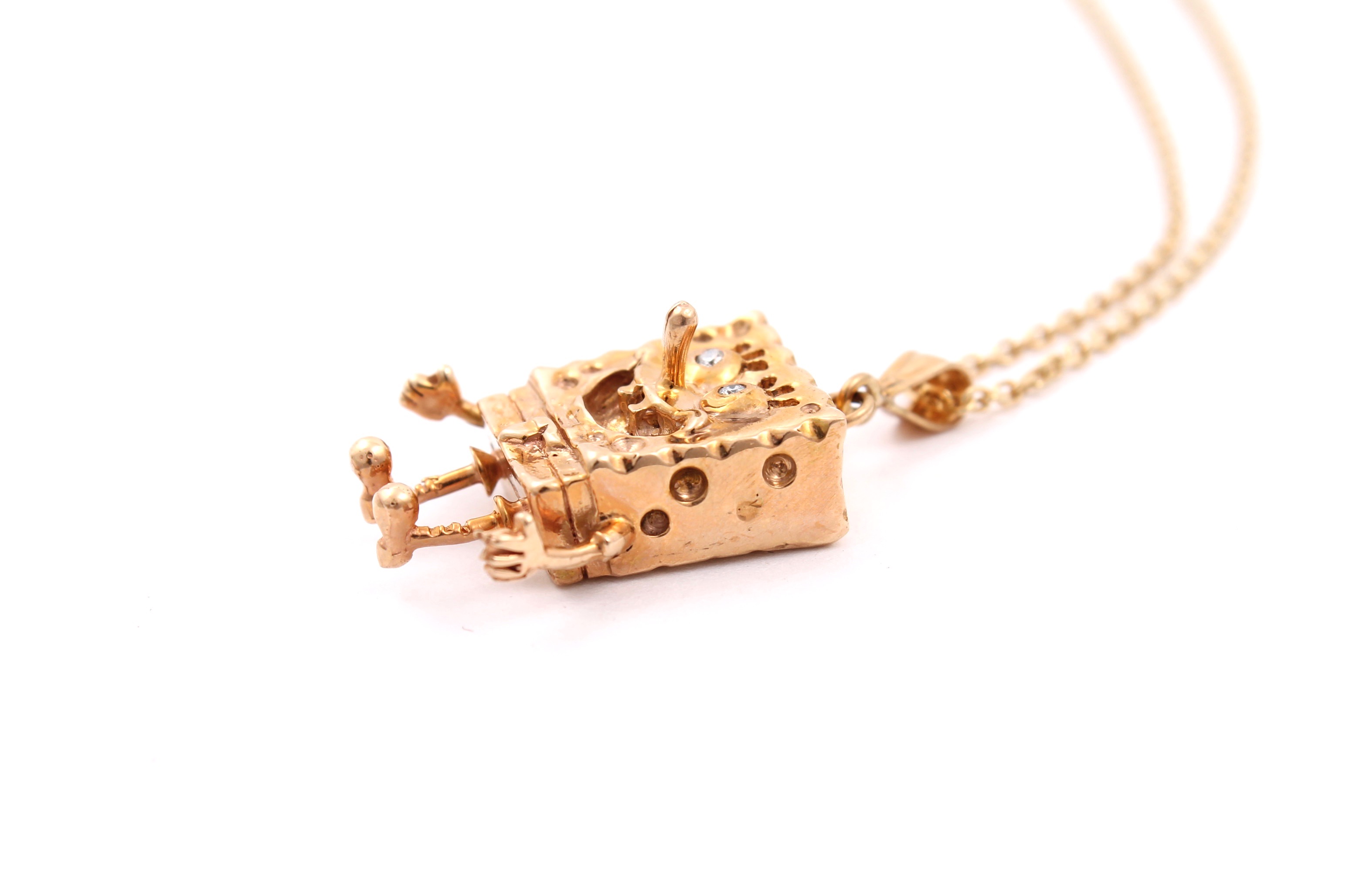 14K Yellow Gold Diamond Spongebob Pendant Necklace