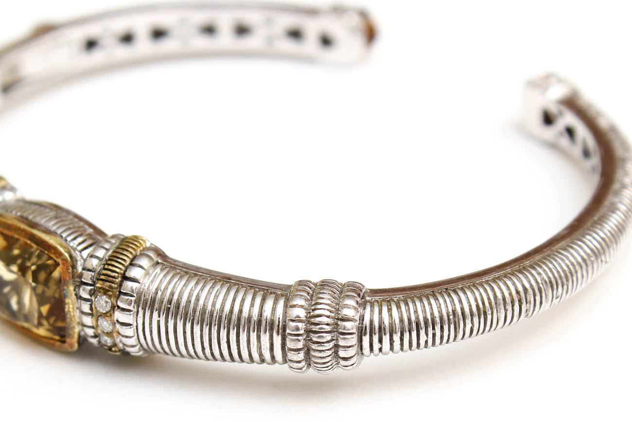Judith Ripka 18K Gold and Sterling Citrine and Diamond Cuff Bracelet
