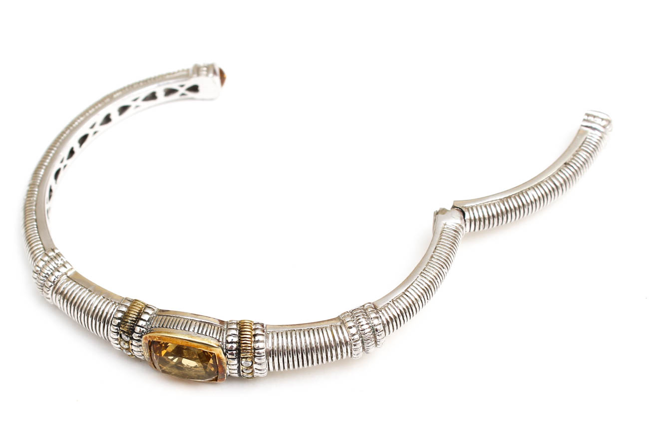 Judith Ripka 18K Gold and Sterling Citrine and Diamond Cuff Bracelet