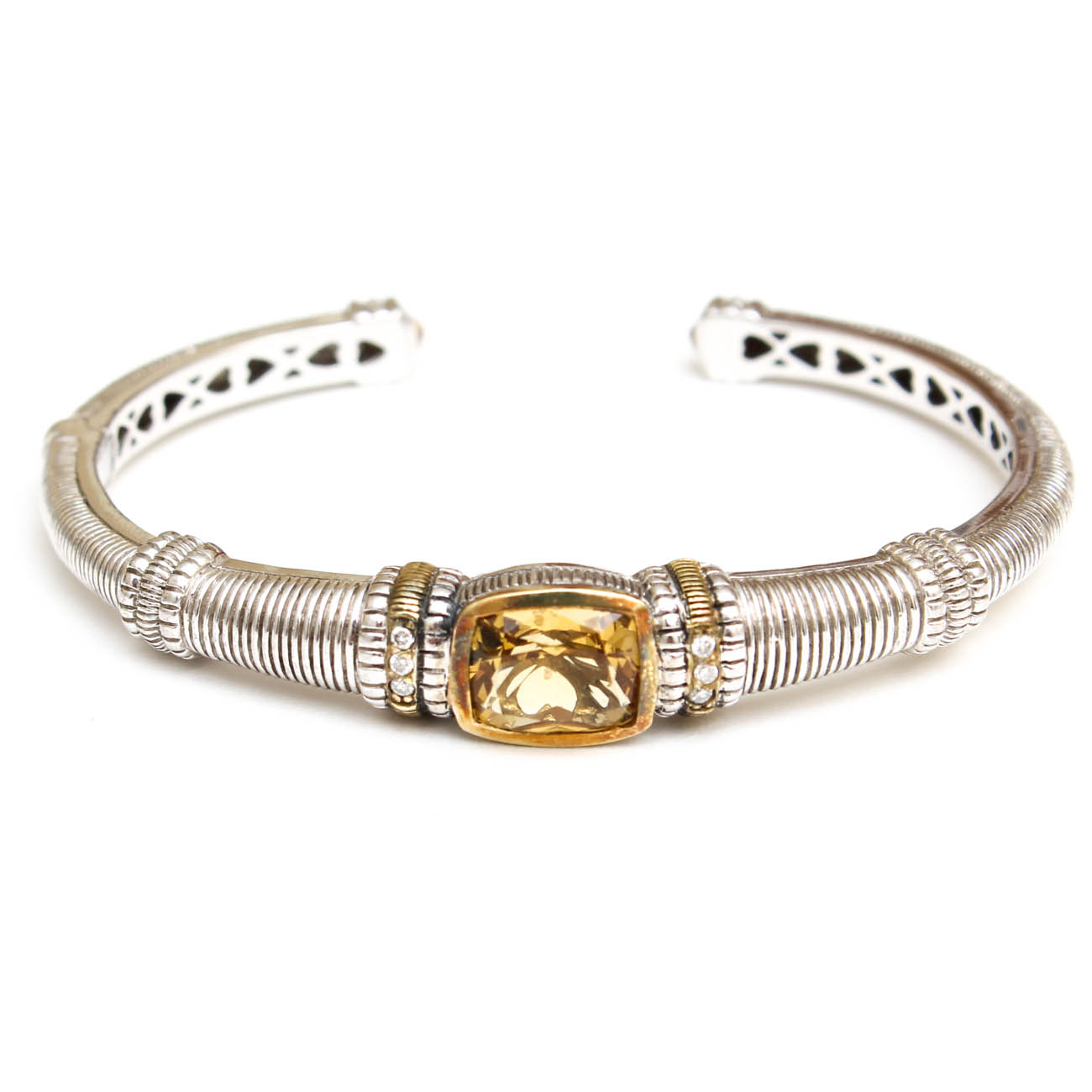 Judith Ripka 18K Gold and Sterling Citrine and Diamond Cuff Bracelet