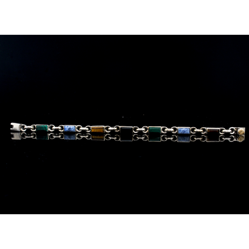 Sterling Silver Bracelet with Onyx, Tiger's Eye, Malachite, and Sodalite