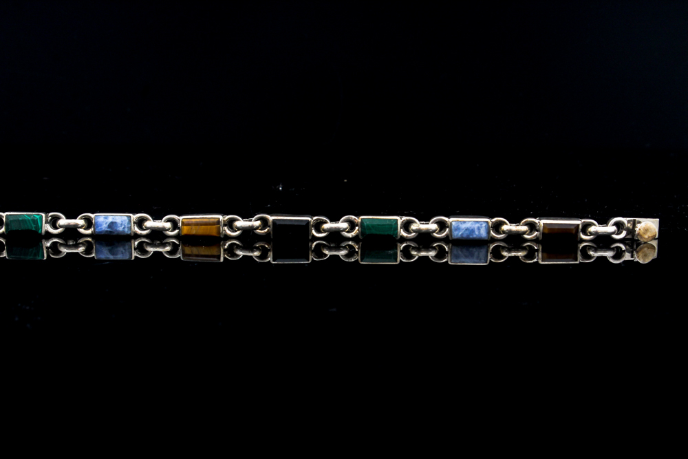 Sterling Silver Bracelet with Onyx, Tiger's Eye, Malachite, and Sodalite