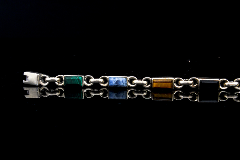 Sterling Silver Bracelet with Onyx, Tiger's Eye, Malachite, and Sodalite