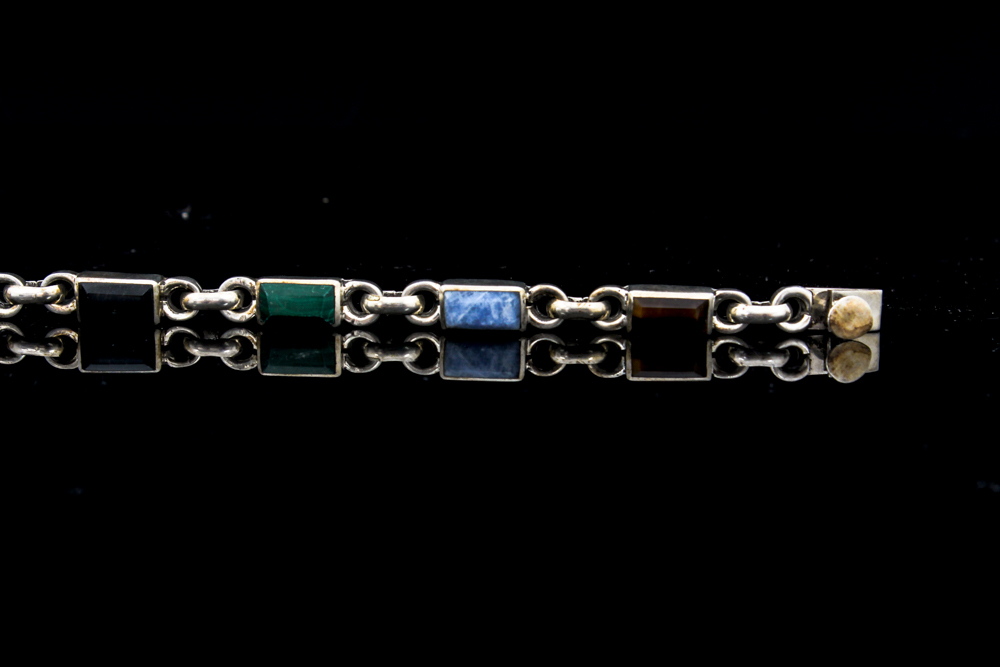 Sterling Silver Bracelet with Onyx, Tiger's Eye, Malachite, and Sodalite