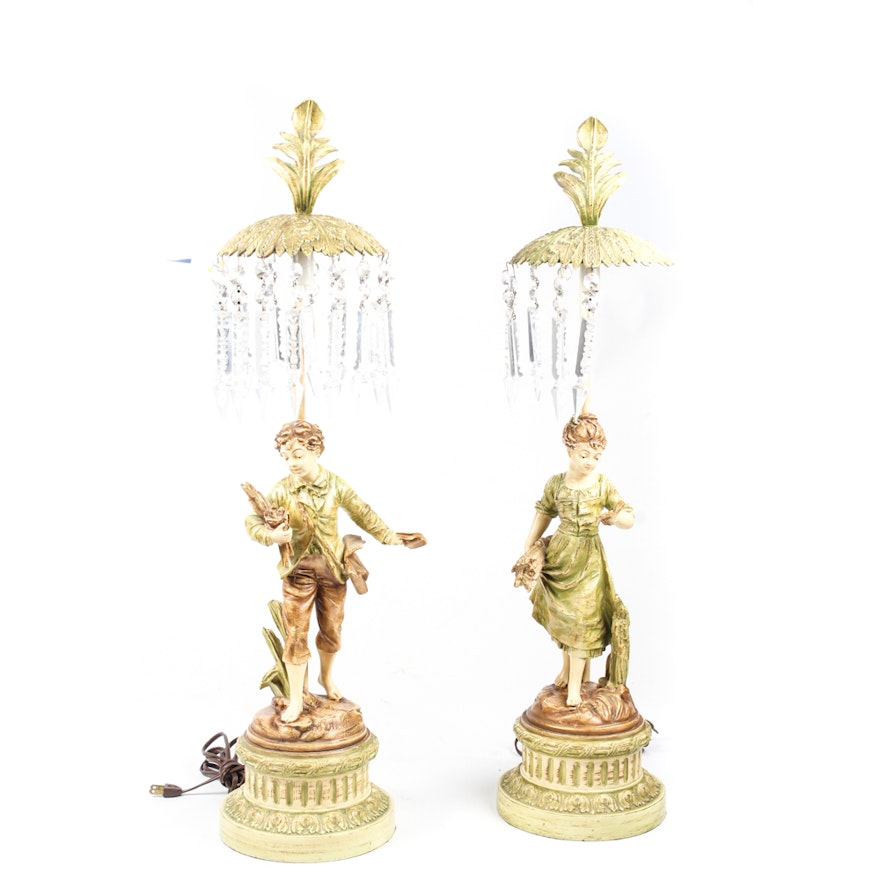 Painted Metal Figural Table Lamps with Crystal Pendants