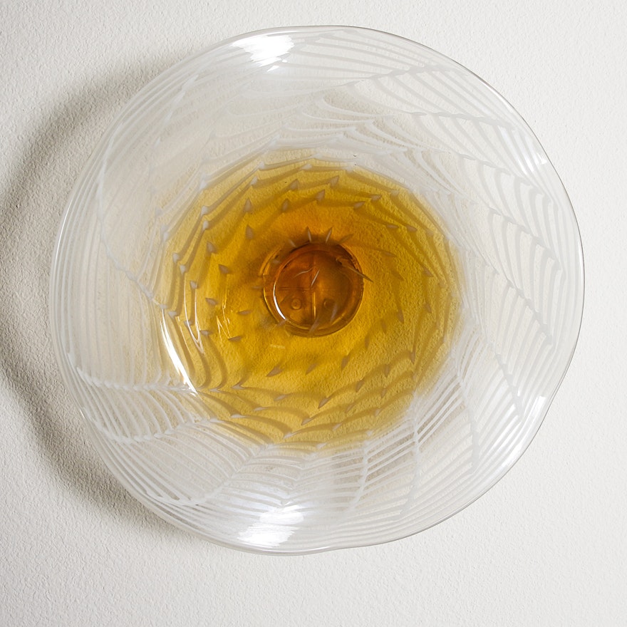 Decorative Amber and Clear Glass Bowl with Webbed Striping