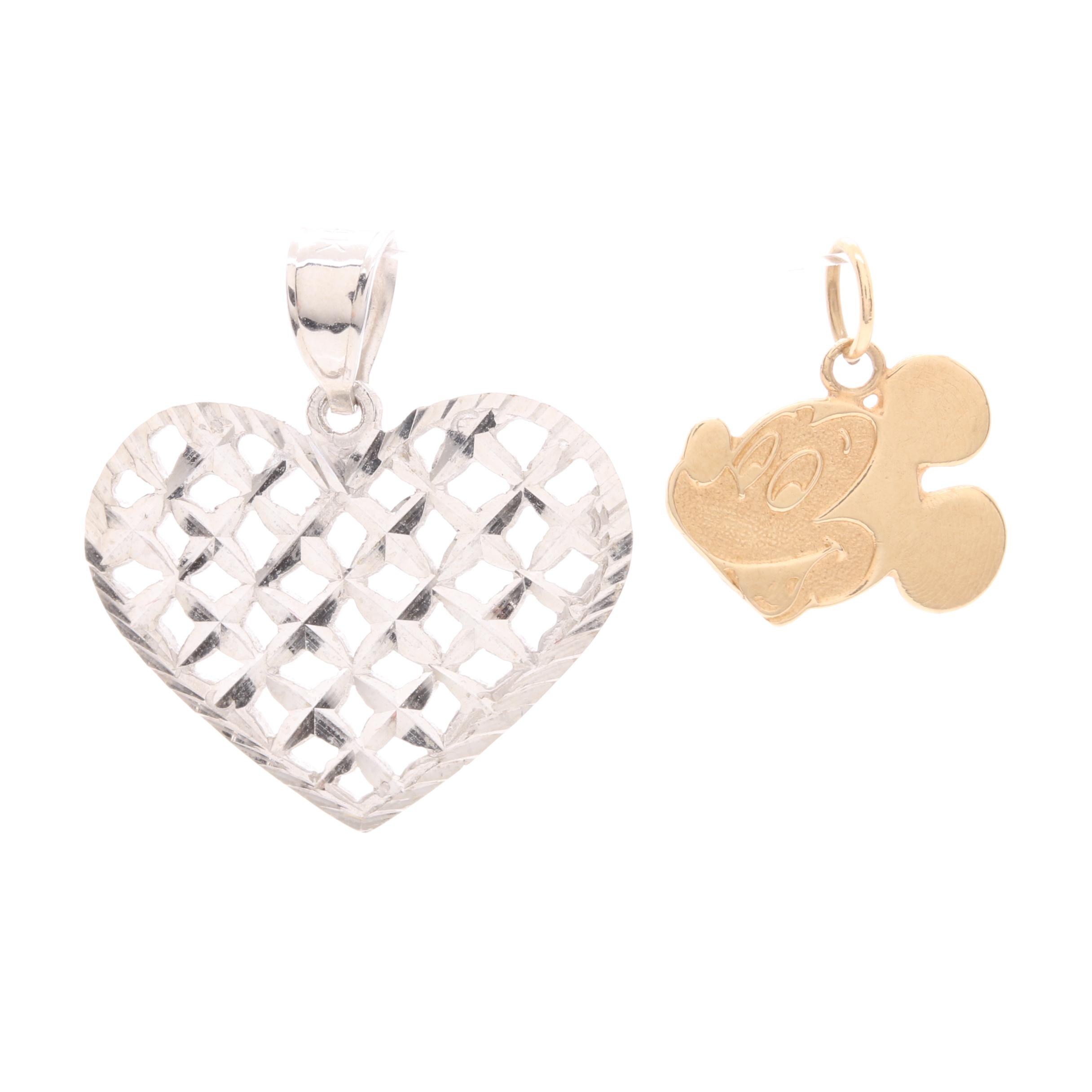 10K Yellow Gold Mickey Mouse Pendant and 14K White Gold Heart Pendant