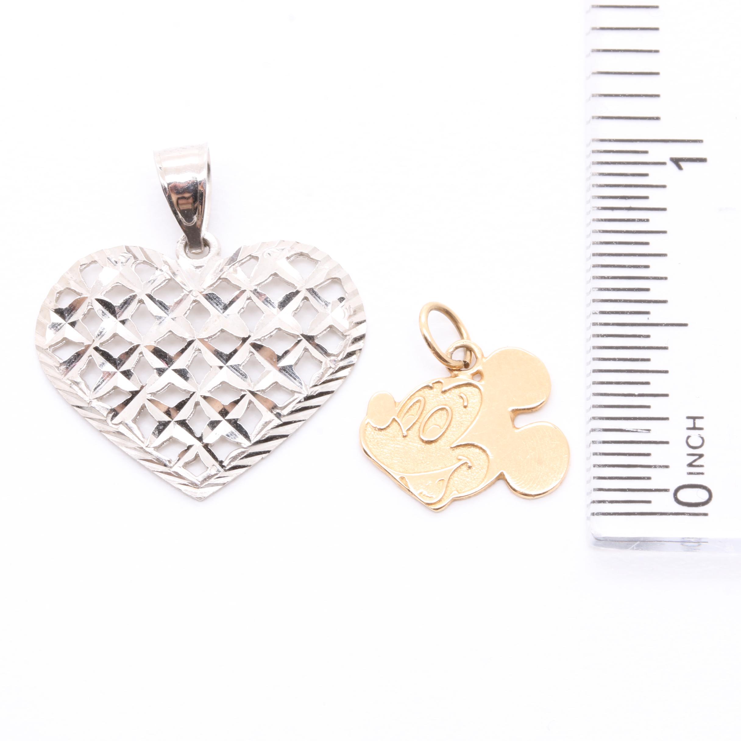 10K Yellow Gold Mickey Mouse Pendant and 14K White Gold Heart Pendant