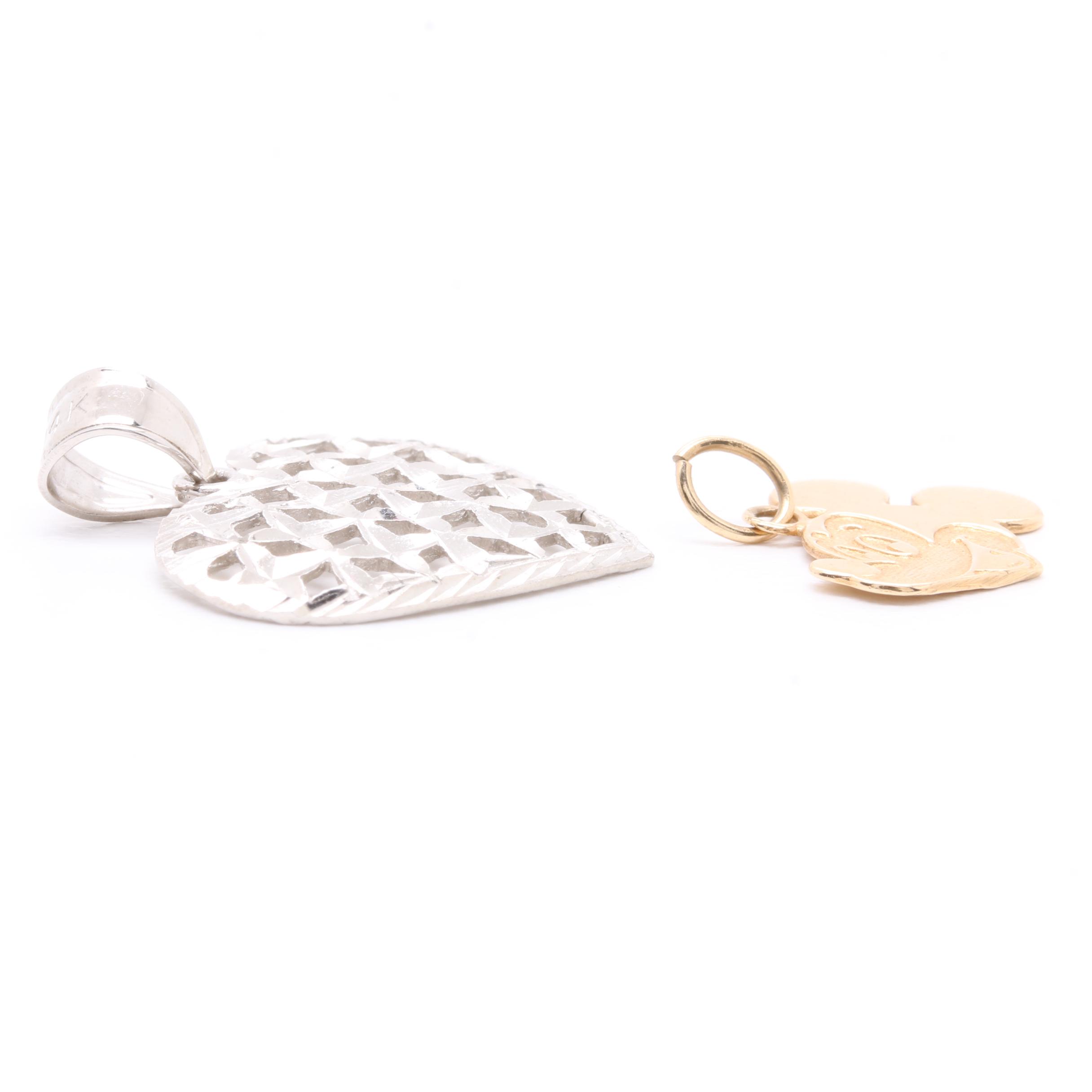 10K Yellow Gold Mickey Mouse Pendant and 14K White Gold Heart Pendant