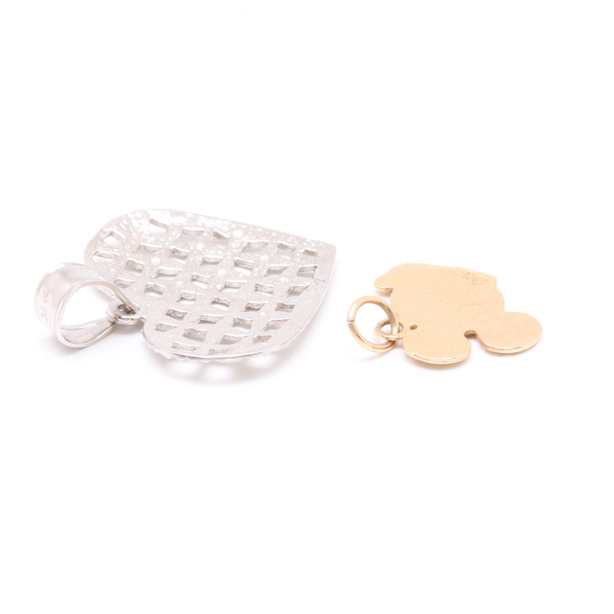 10K Yellow Gold Mickey Mouse Pendant and 14K White Gold Heart Pendant