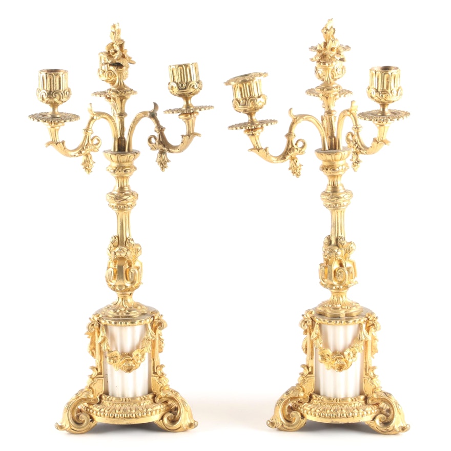 Gold-Tone Candelabras with Alabaster Bases