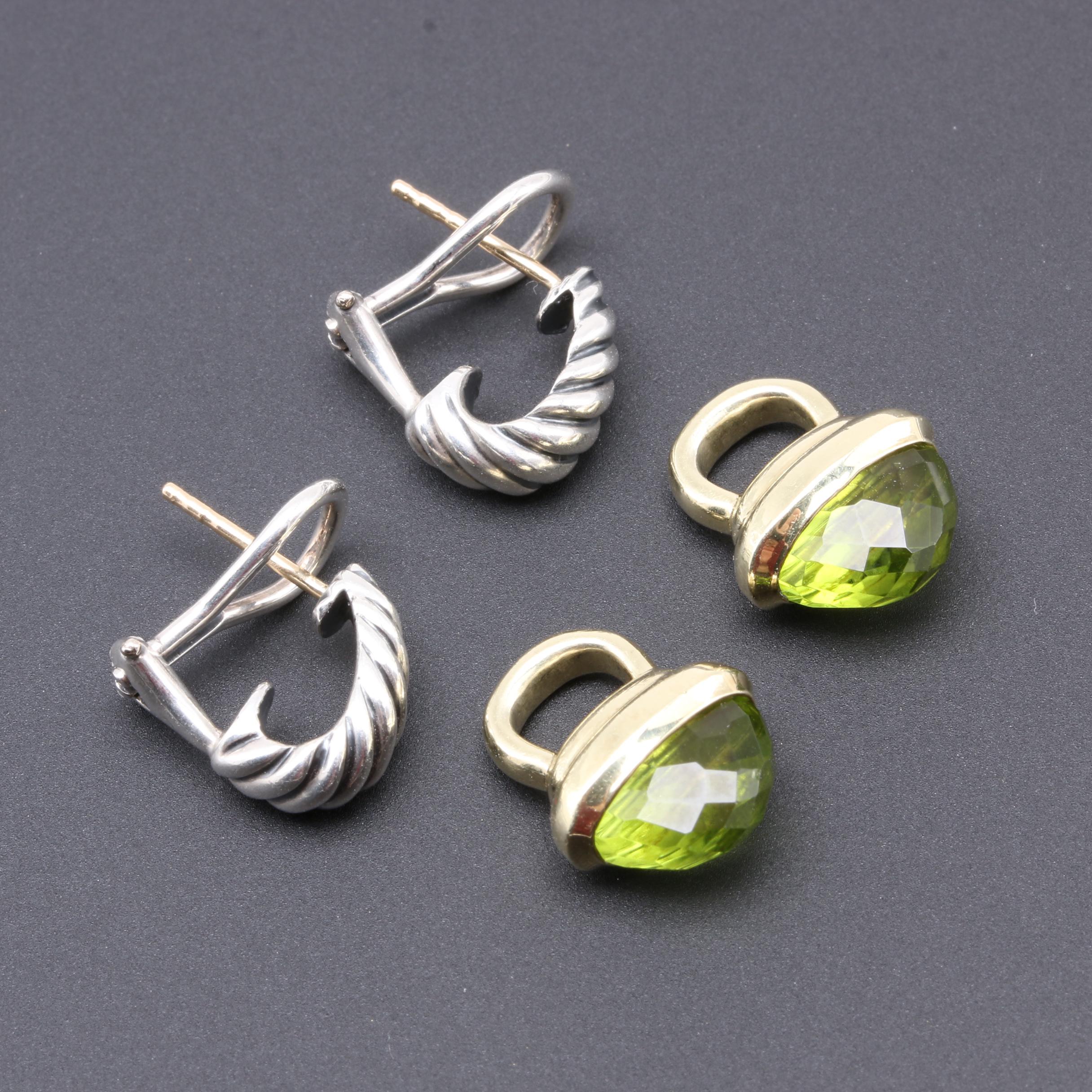 David Yurman Sterling Silver Peridot Earrings With 14K Yellow Gold Enhancers