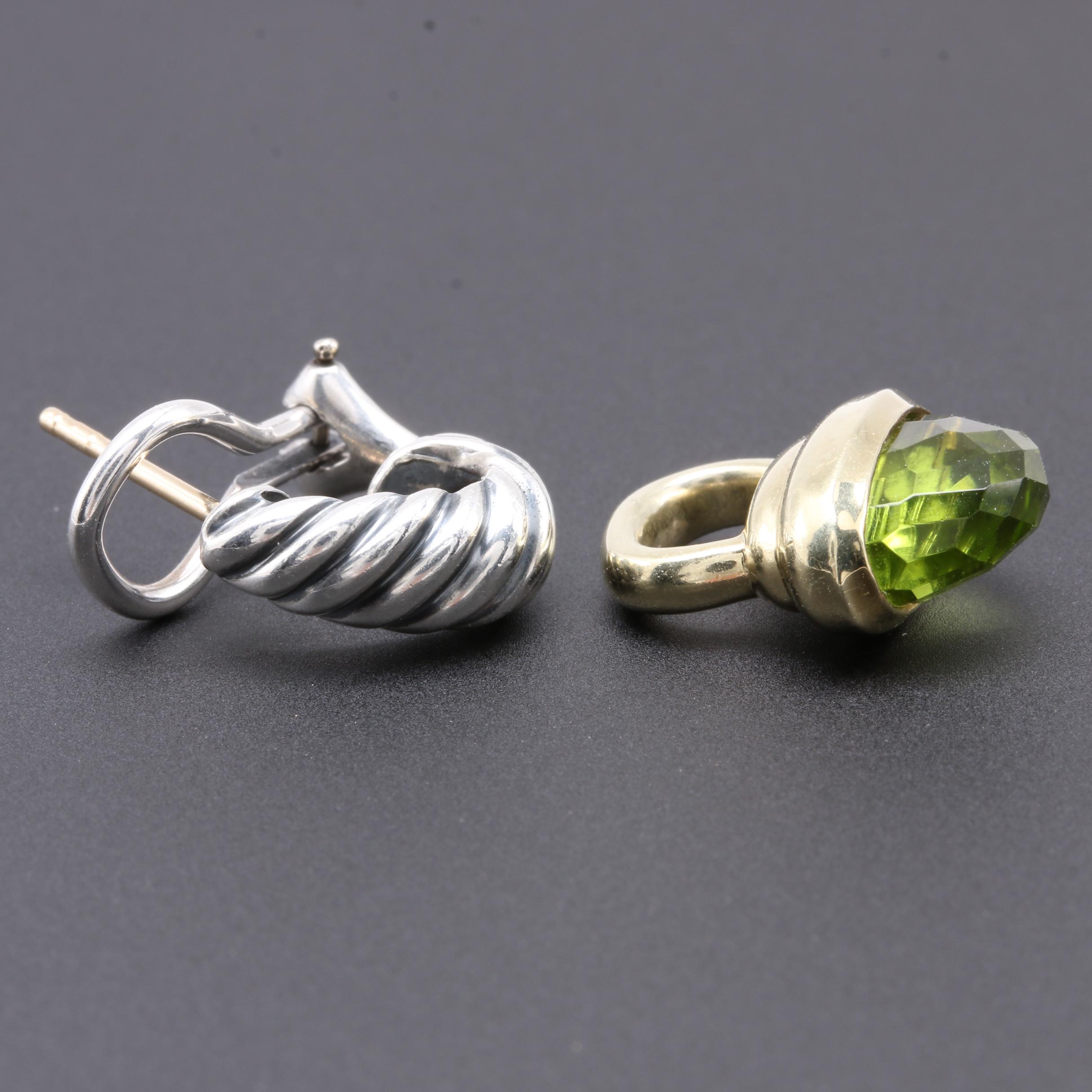 David Yurman Sterling Silver Peridot Earrings With 14K Yellow Gold Enhancers