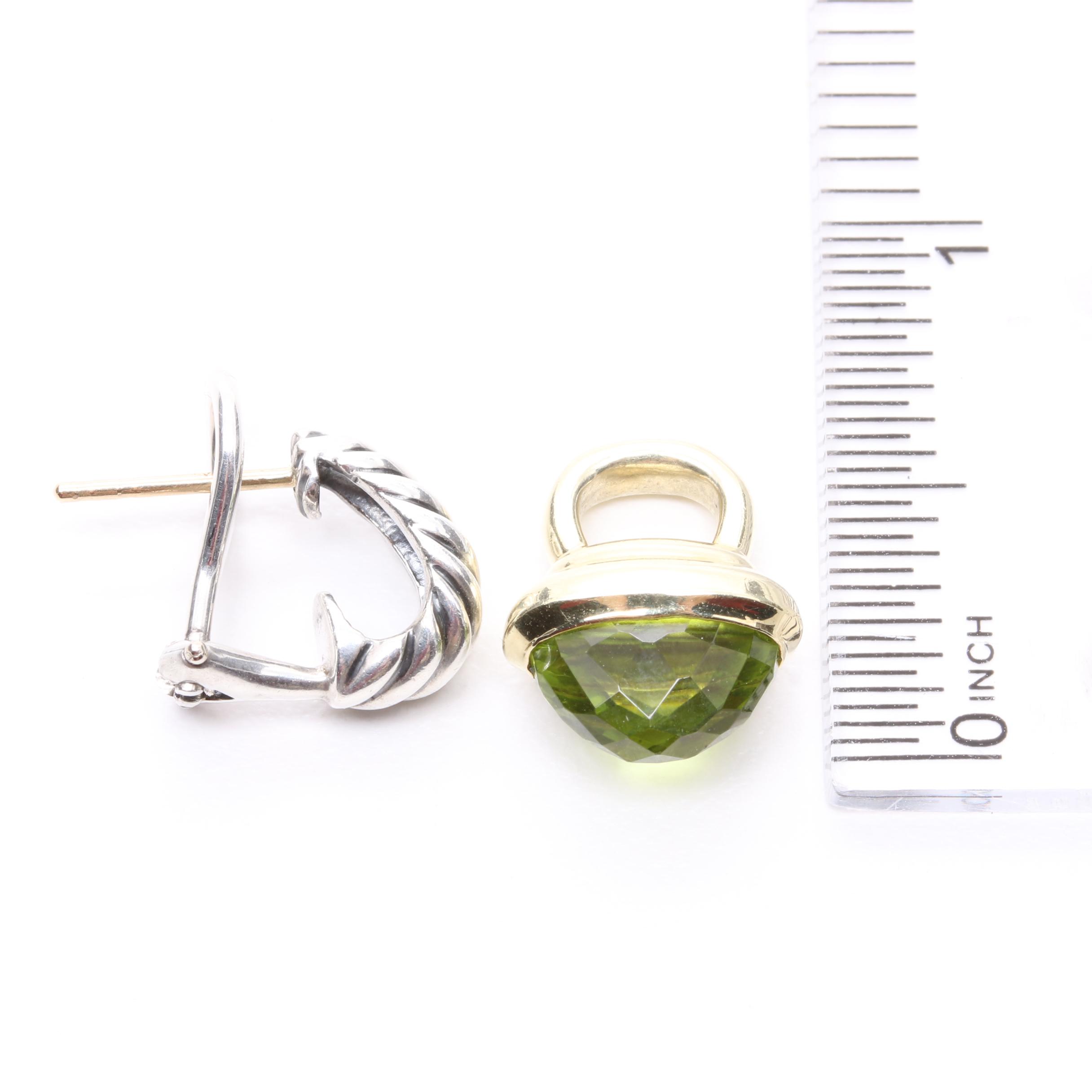 David Yurman Sterling Silver Peridot Earrings With 14K Yellow Gold Enhancers