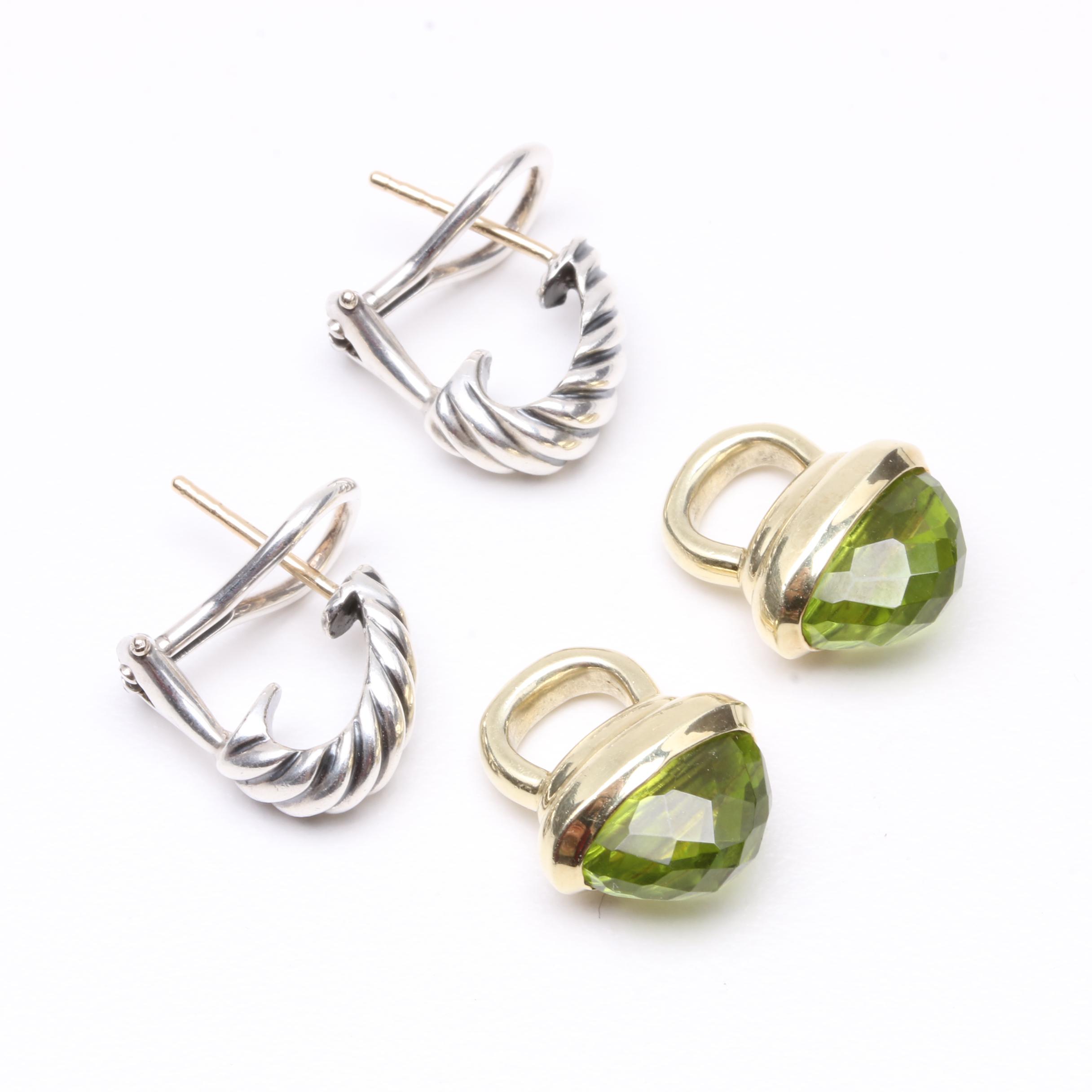 David Yurman Sterling Silver Peridot Earrings With 14K Yellow Gold Enhancers