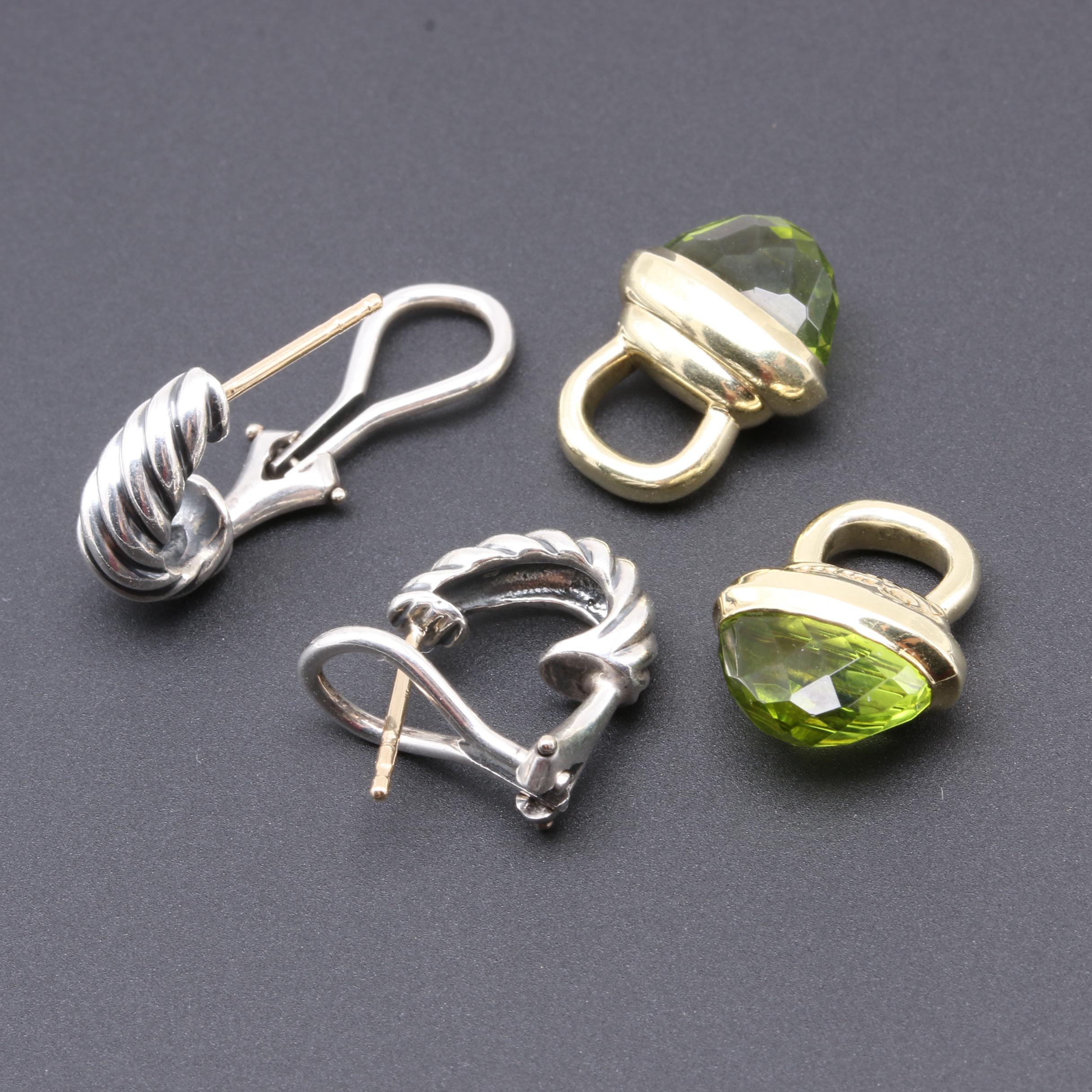 David Yurman Sterling Silver Peridot Earrings With 14K Yellow Gold Enhancers