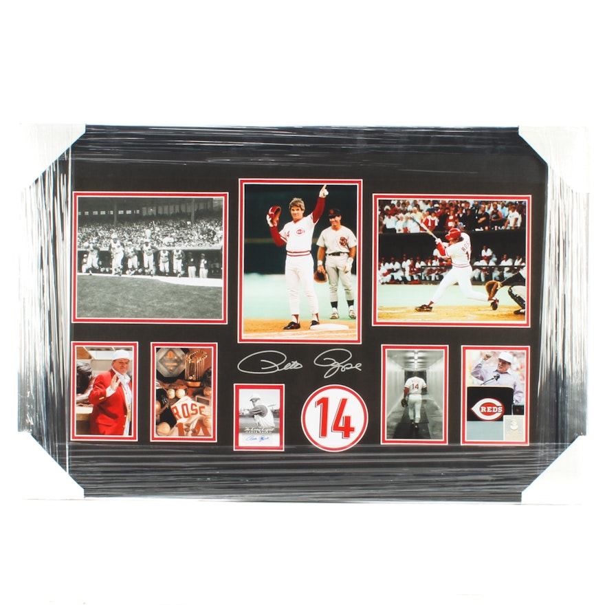 Pete Rose Signed Matted and Framed Baseball Collage COA