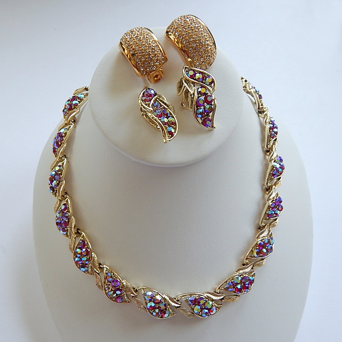 Vintage Coro Red Aurora Borealis Necklace and Earrings and Dior Earrings