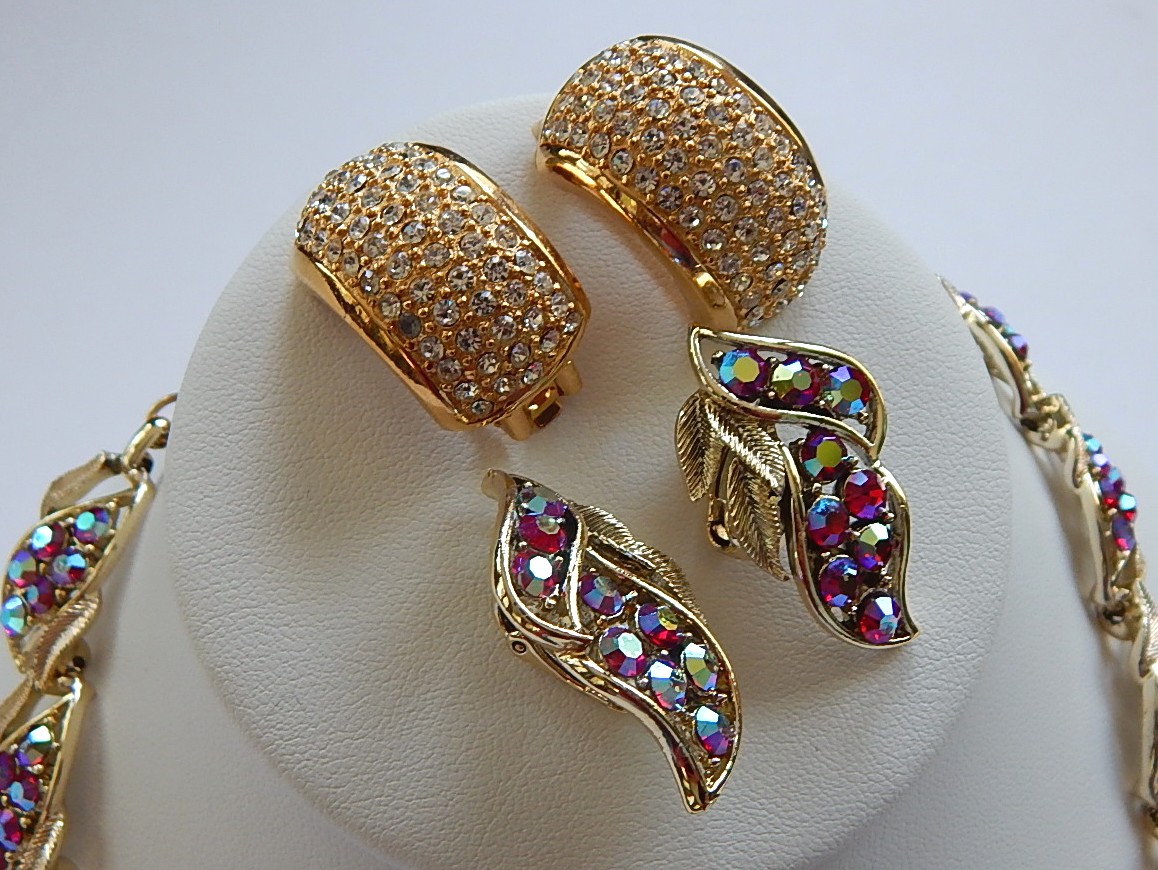 Vintage Coro Red Aurora Borealis Necklace and Earrings and Dior Earrings