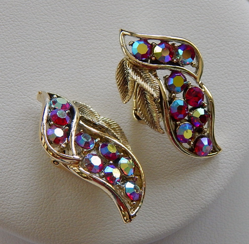 Vintage Coro Red Aurora Borealis Necklace and Earrings and Dior Earrings