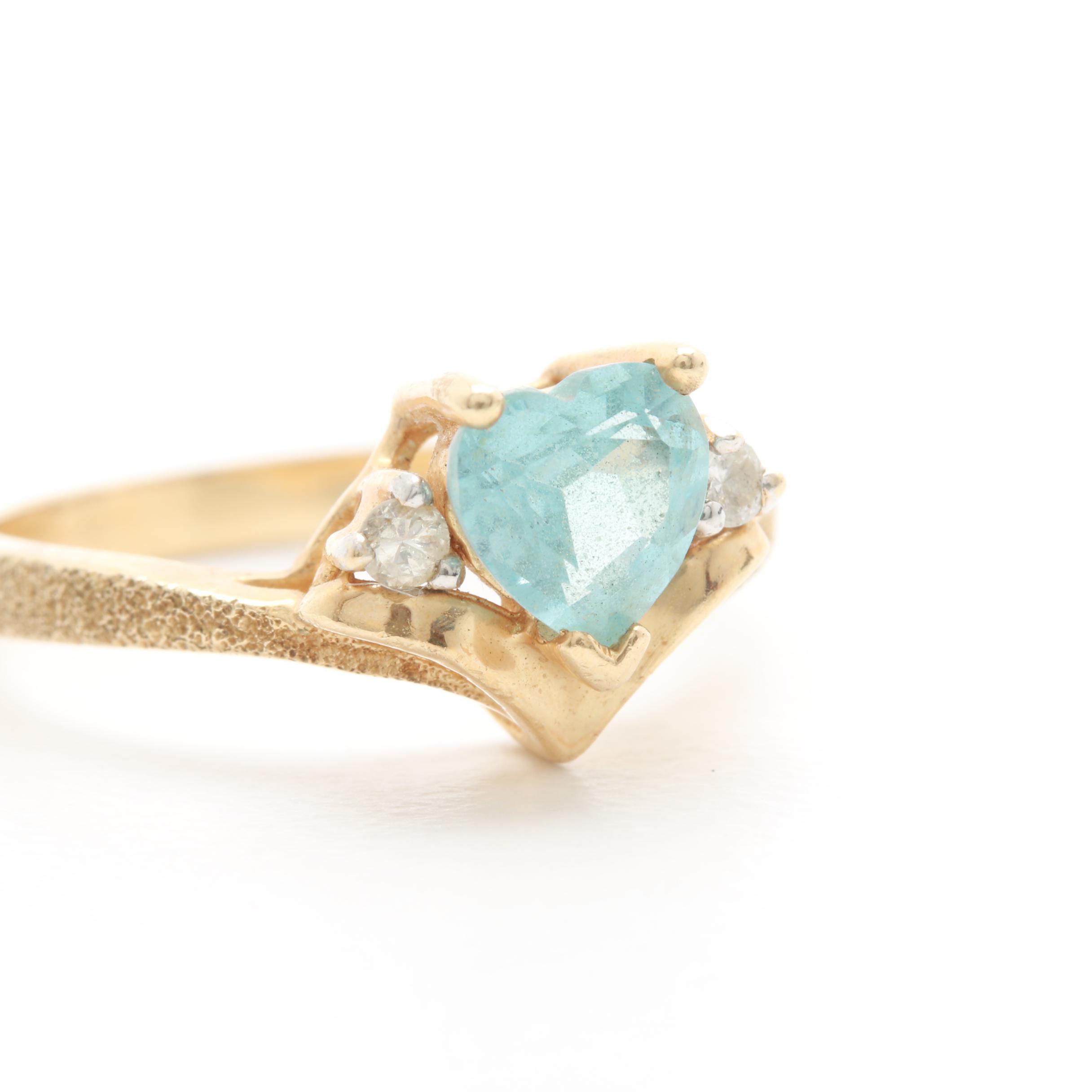 14K Yellow Gold Blue Topaz and Diamond Ring