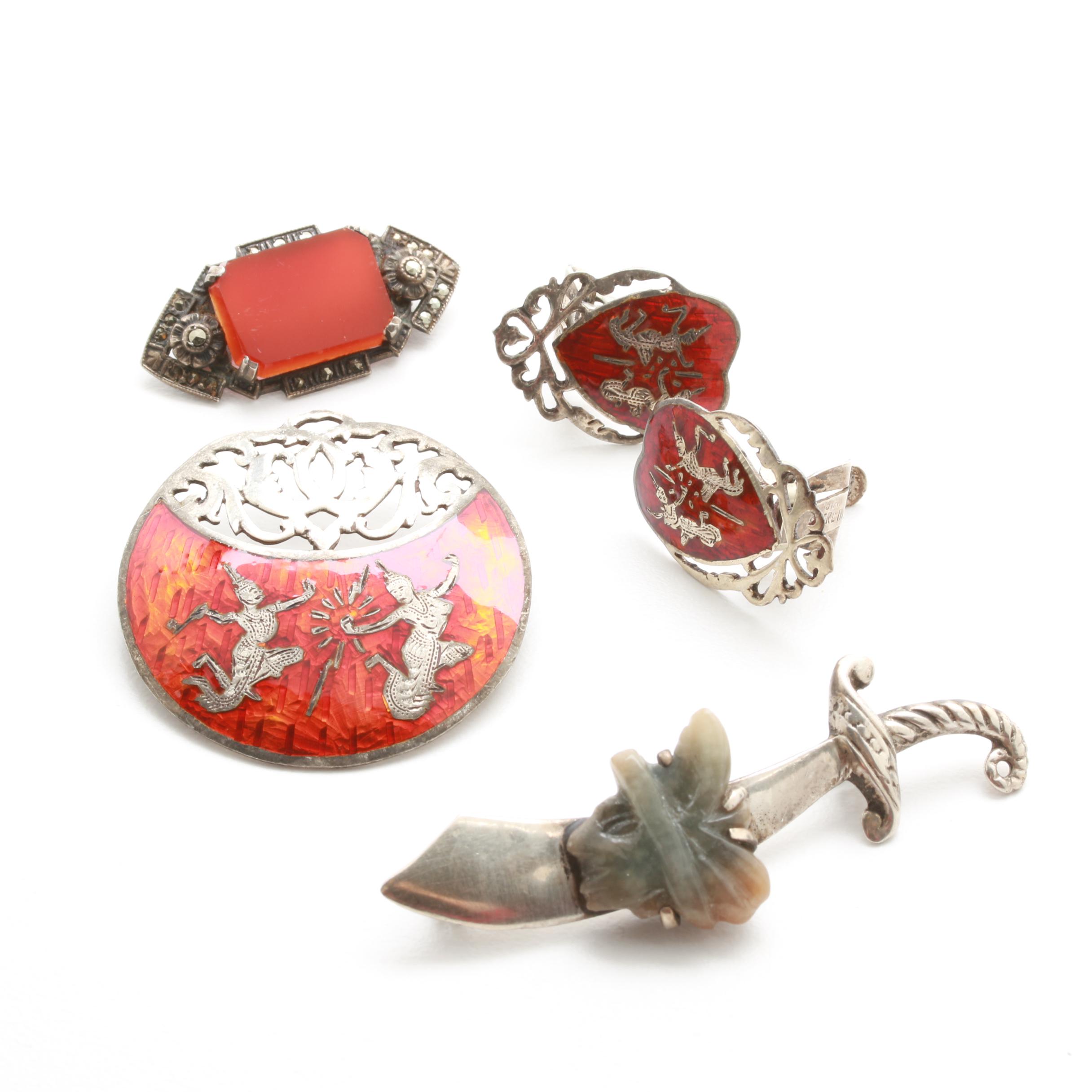 Sterling Silver Gemstone Jewelry Including Niello Enamel