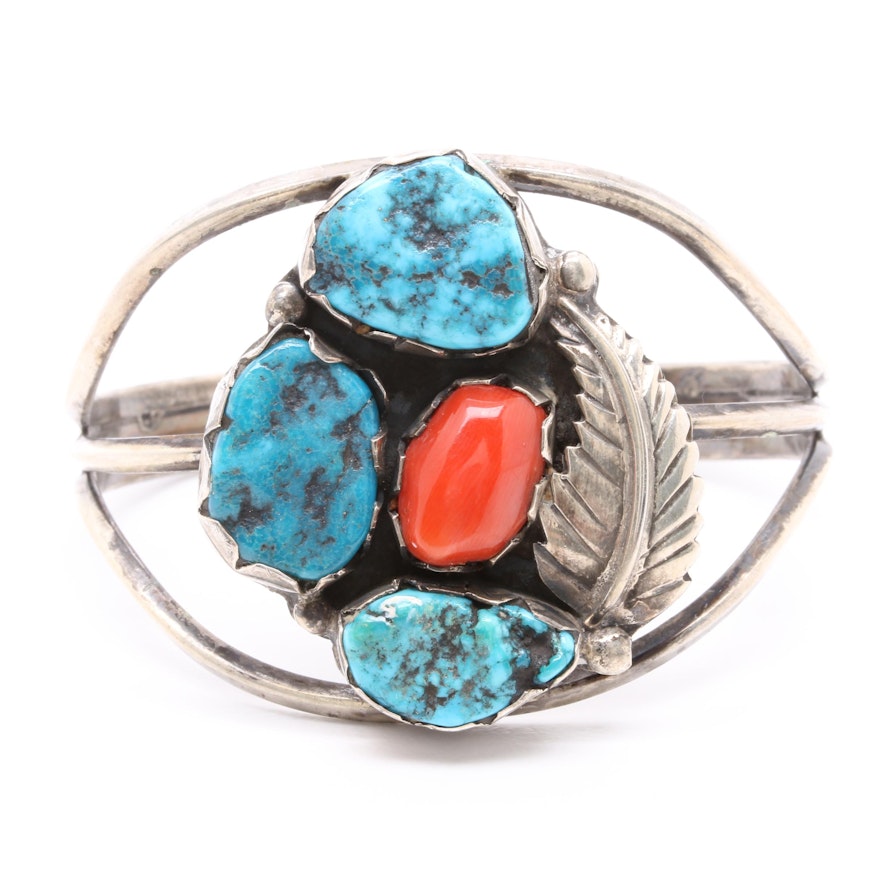 Southwestern Style Sterling Silver Turquoise and Coral Cuff Bangle