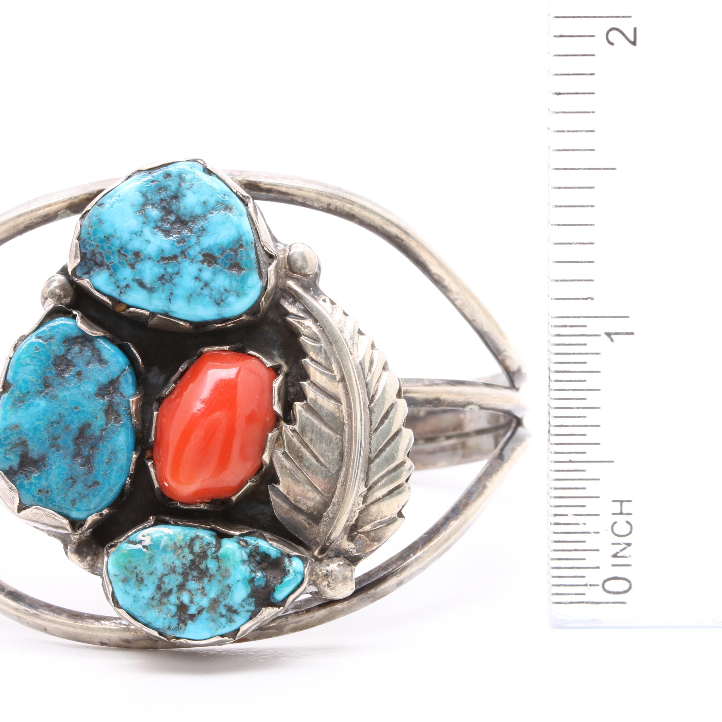 Southwestern Style Sterling Silver Turquoise and Coral Cuff Bangle