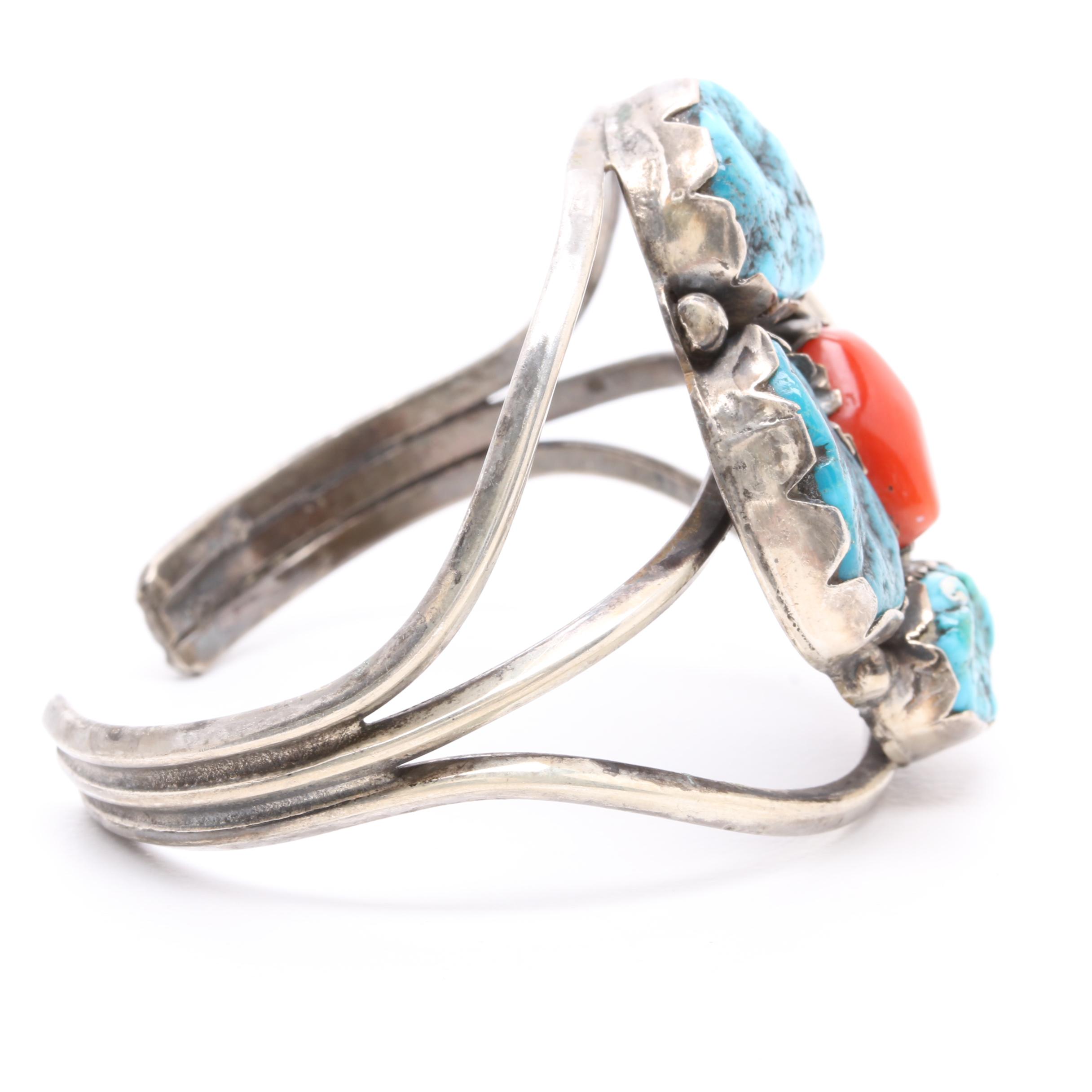 Southwestern Style Sterling Silver Turquoise and Coral Cuff Bangle