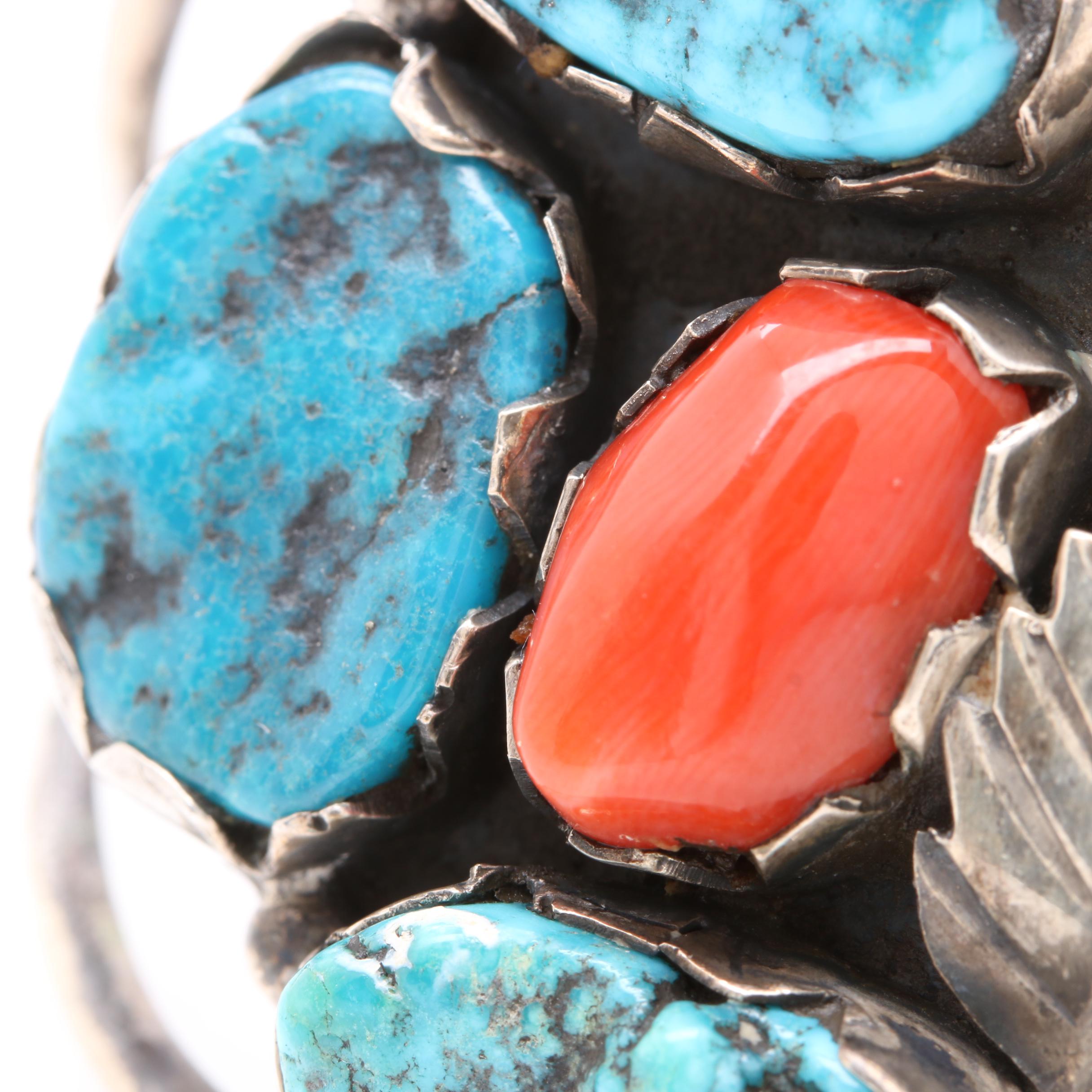 Southwestern Style Sterling Silver Turquoise and Coral Cuff Bangle