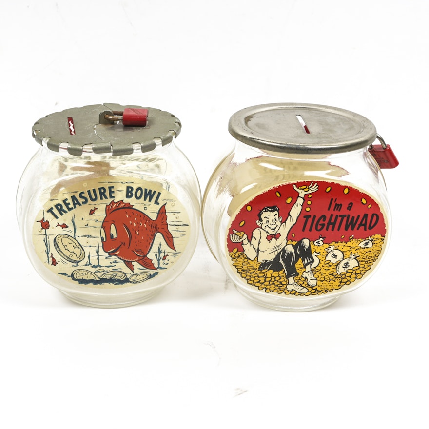 Vintage "Treasure Bowl" and "I'm a Tightwad" Glass Fishbowl Coin Banks