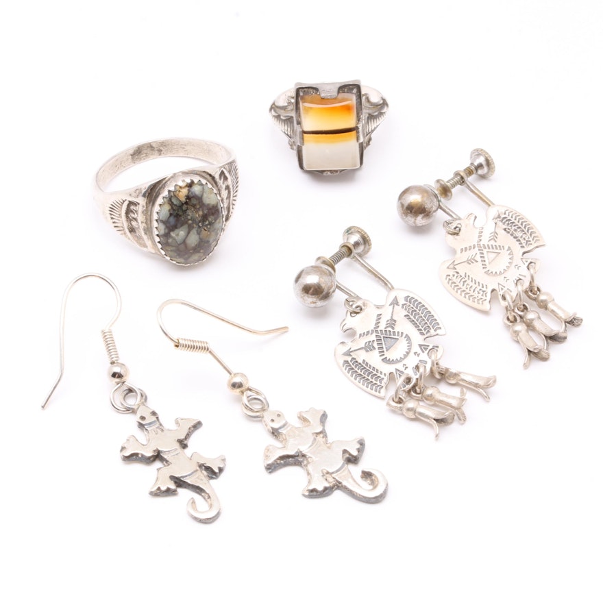 Southwest Style Sterling Silver Jewelry Selection Including Agate