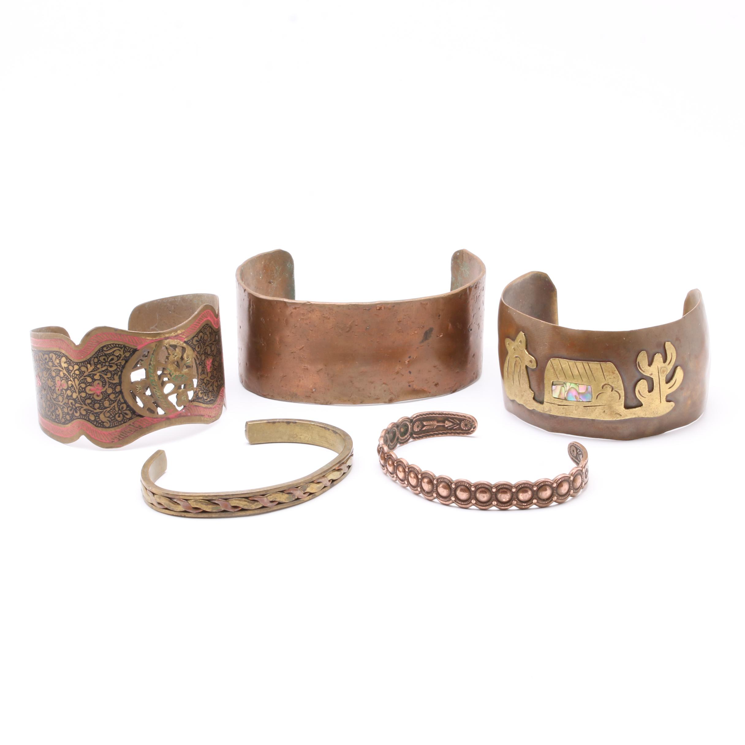 Copper Tone Cuff Bracelet Selection Including Abalone and Enamel