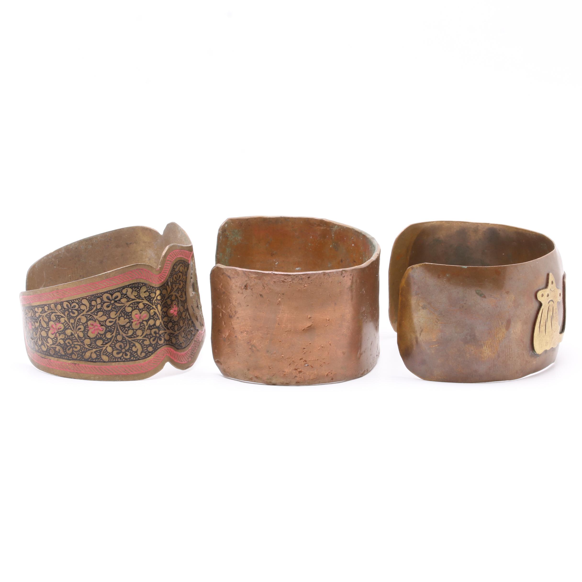 Copper Tone Cuff Bracelet Selection Including Abalone and Enamel