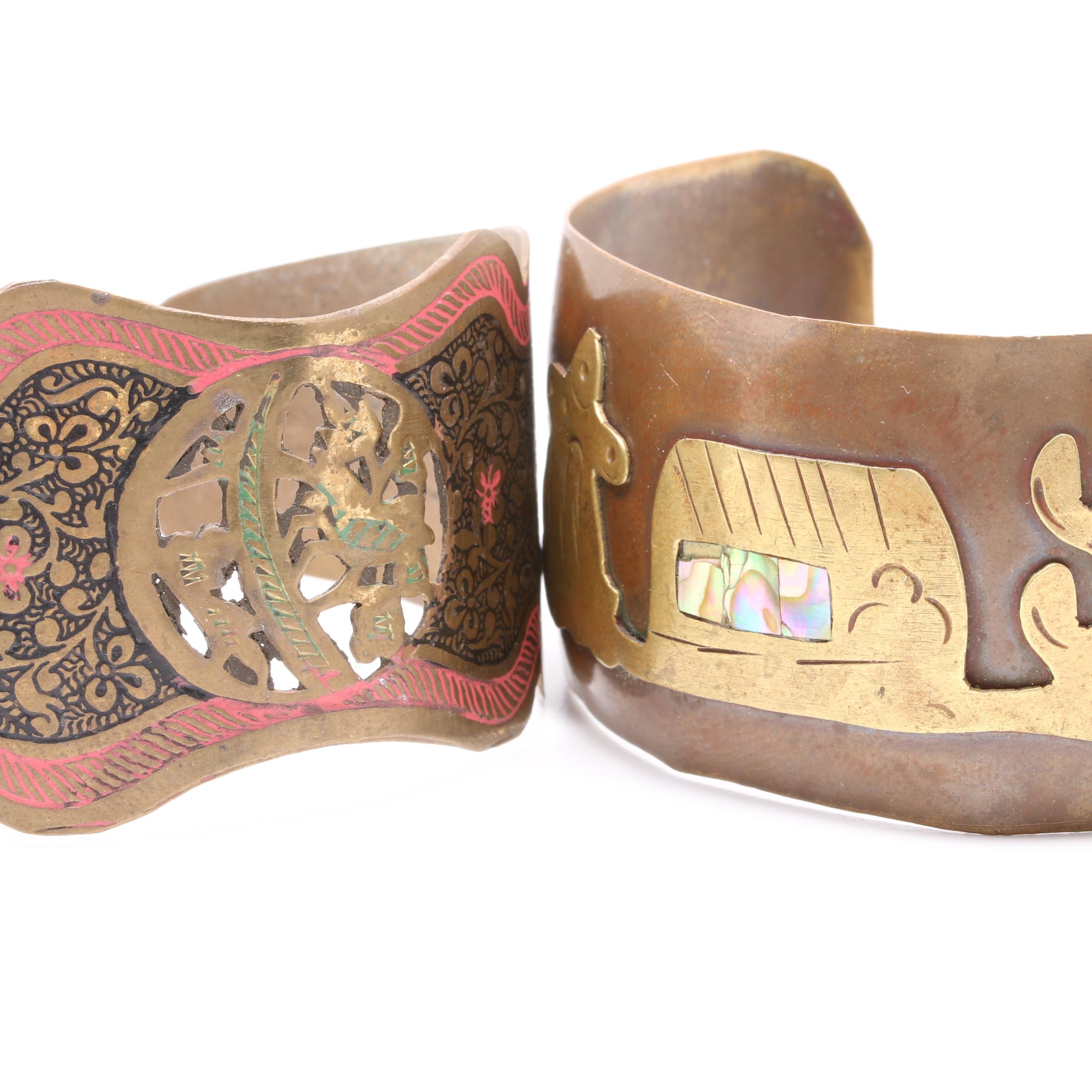 Copper Tone Cuff Bracelet Selection Including Abalone and Enamel