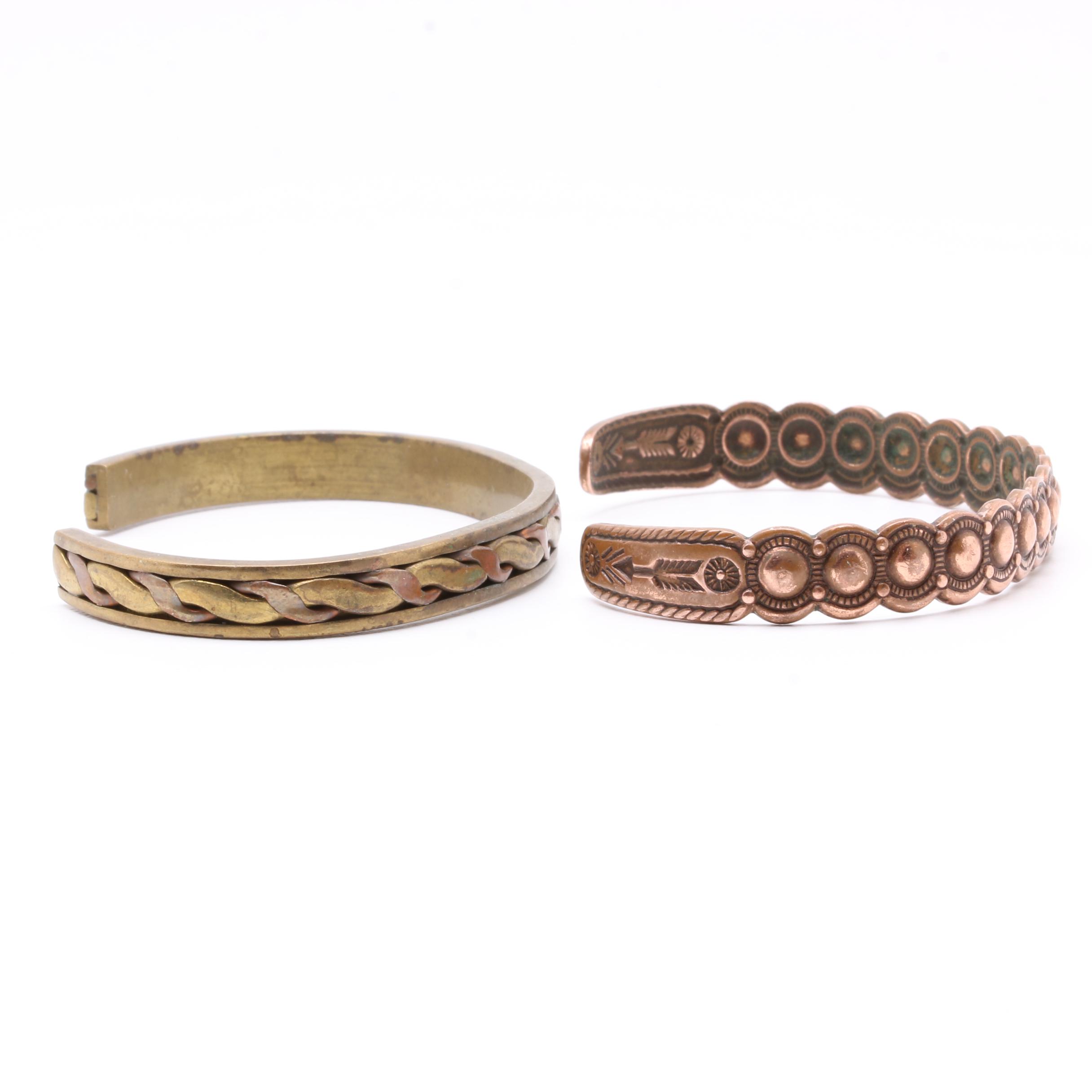 Copper Tone Cuff Bracelet Selection Including Abalone and Enamel