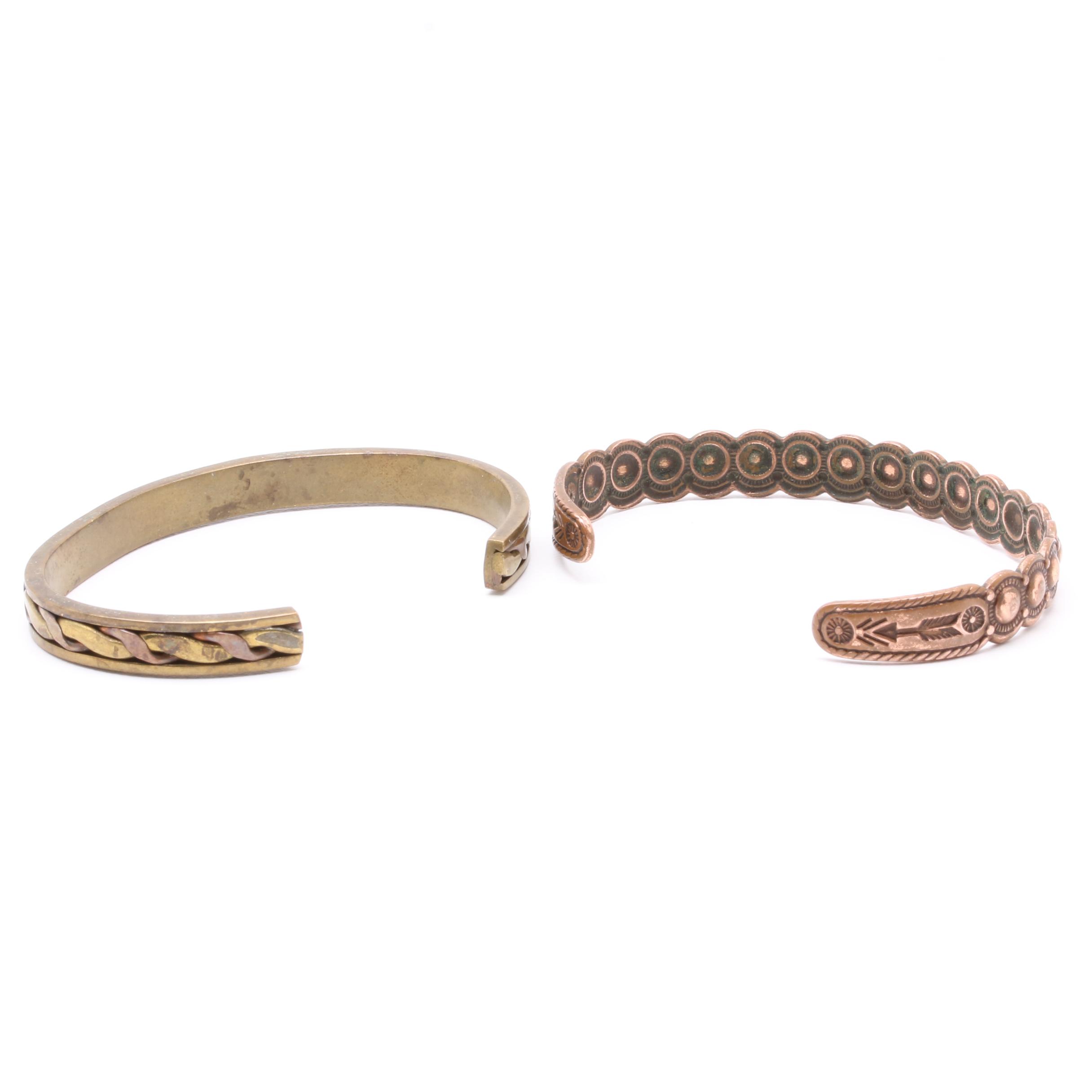 Copper Tone Cuff Bracelet Selection Including Abalone and Enamel