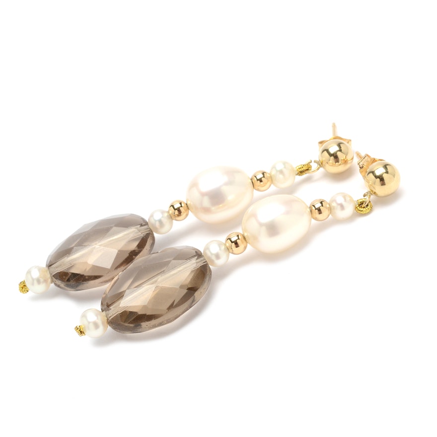 14K Yellow Gold Smoky Quartz and Pearl Earrings