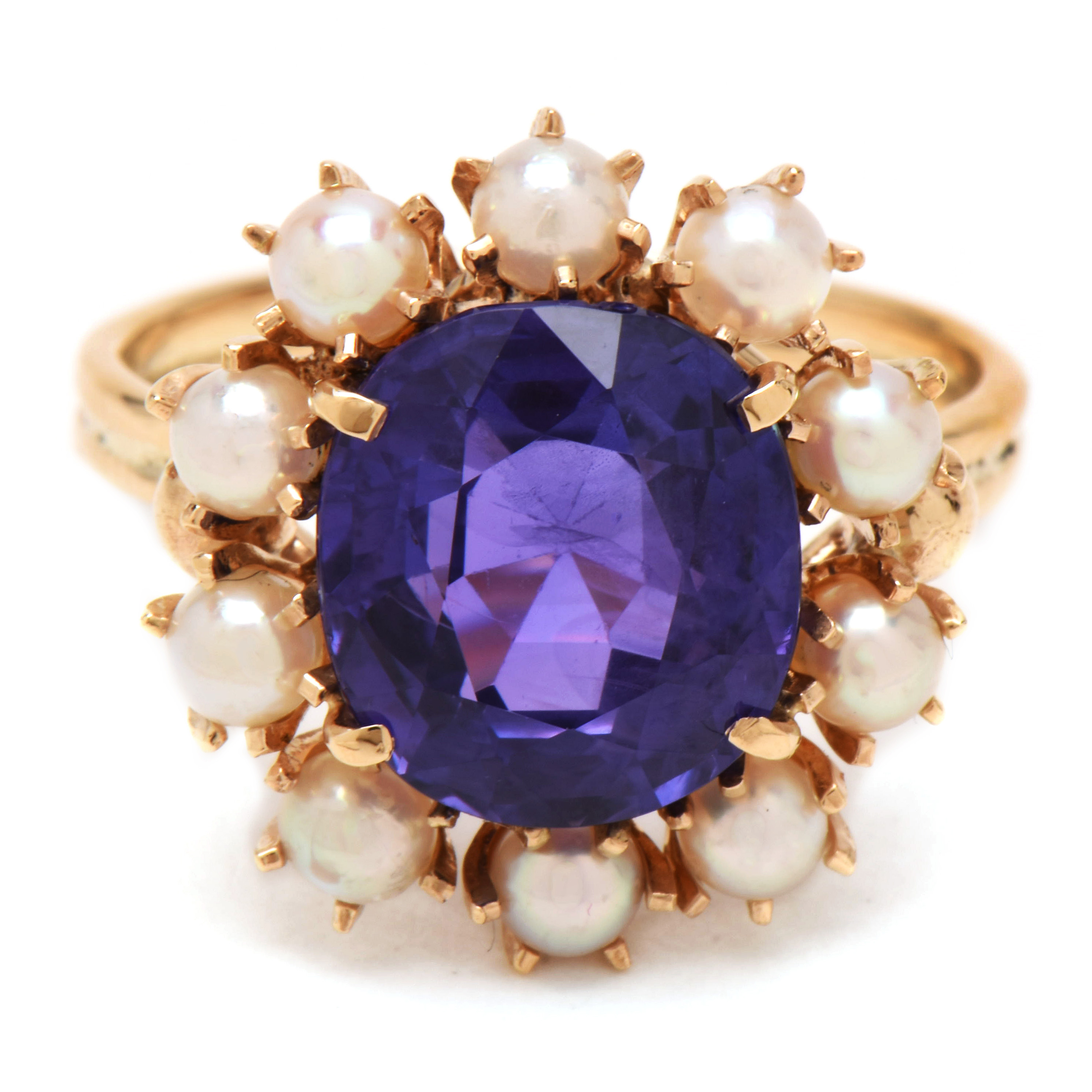 Victorian 14K Yellow Gold Natural Ceylon Color-Change Sapphire and Pearl Ring